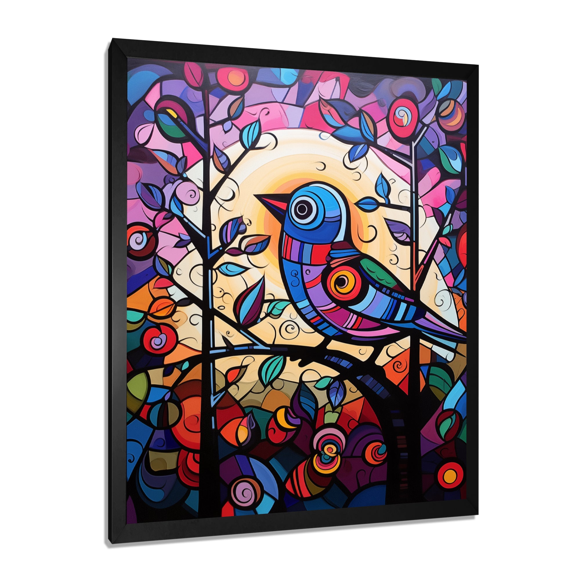 Stained glass Bird singing on branch Pop art - Bird Canvas Wall Art