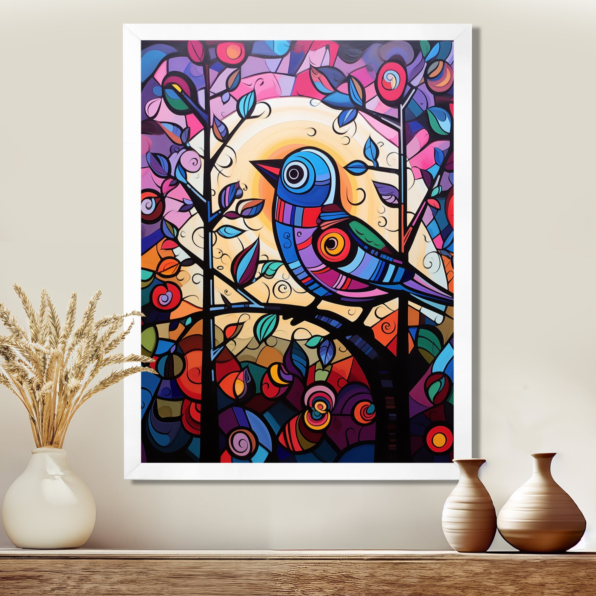 Stained glass Bird singing on branch Pop art - Bird Canvas Wall Art