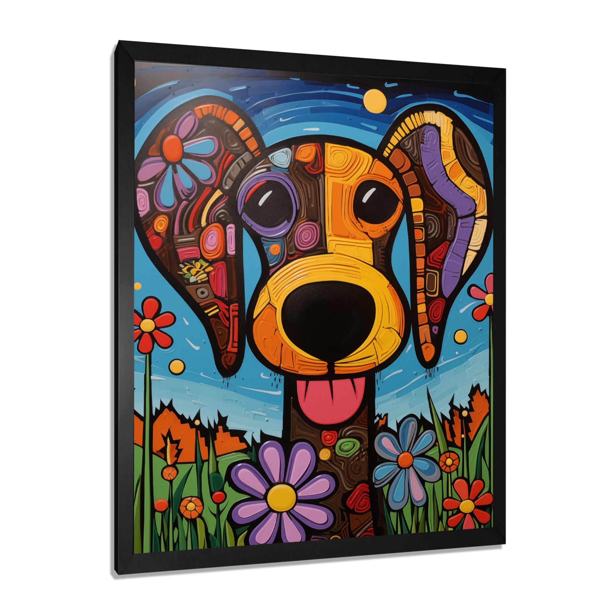 Geometric multicolor flower dog portrait - Dog Canvas Wall Art