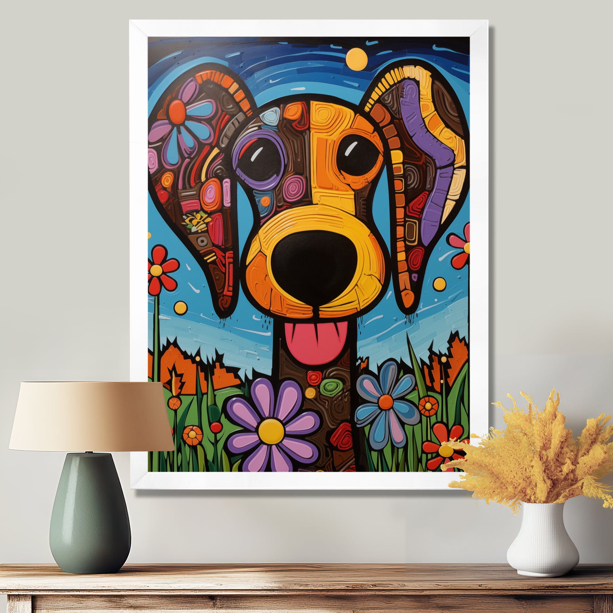 Geometric multicolor flower dog portrait - Dog Canvas Wall Art