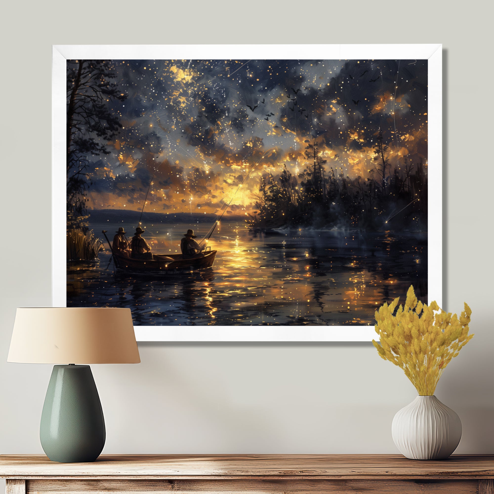 Fishing Under The Starry Night Sky - Hunting & Fishing Canvas Wall Art