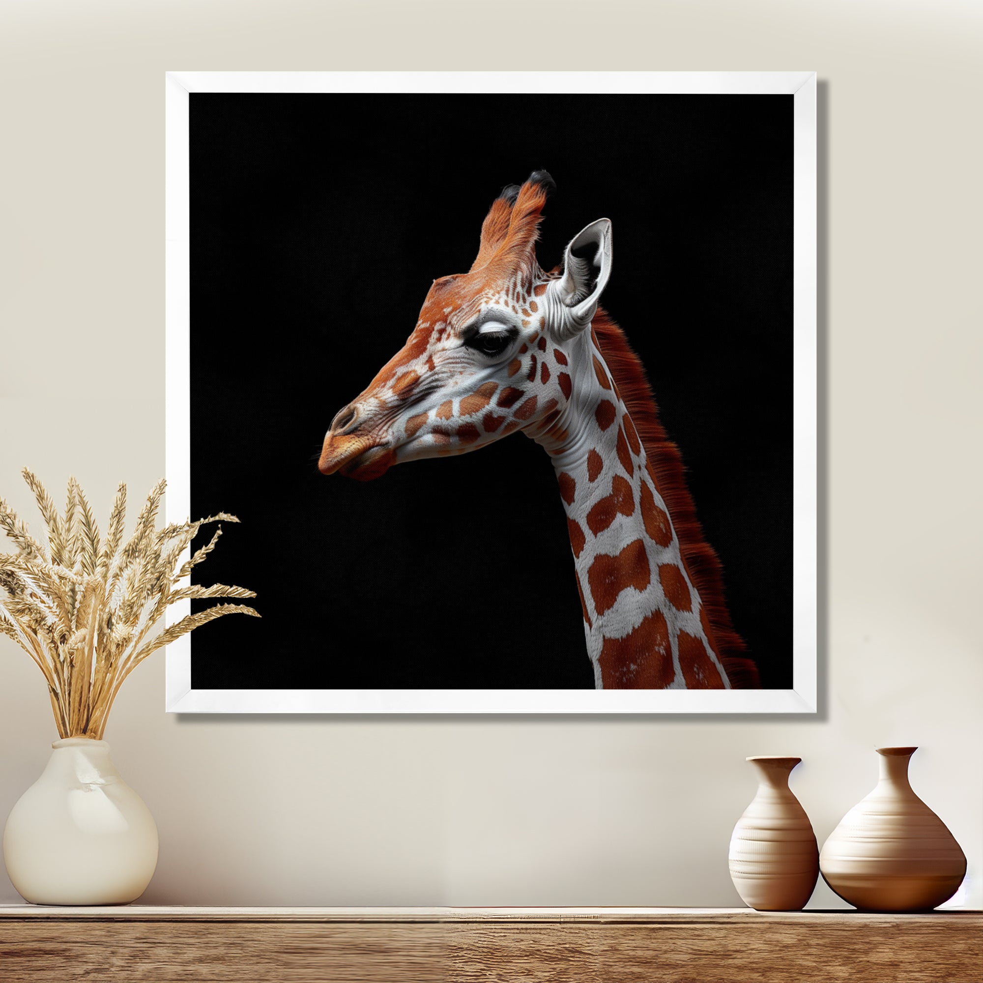 Brown giraffe profile on black - White Giraffe Wall Art