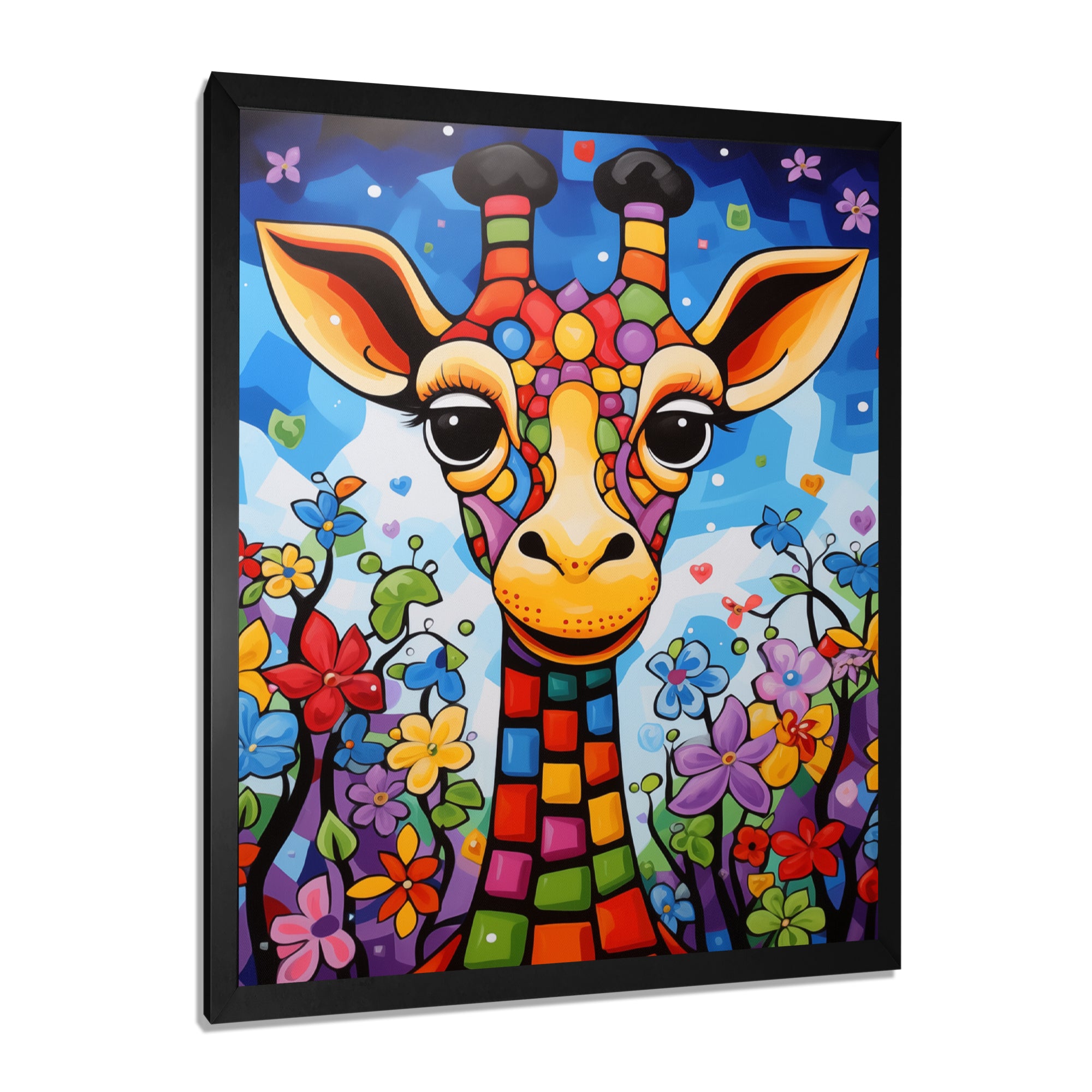 Colorful cute Giraffe in jungle landscape - Giraffe Framed Canvas Art