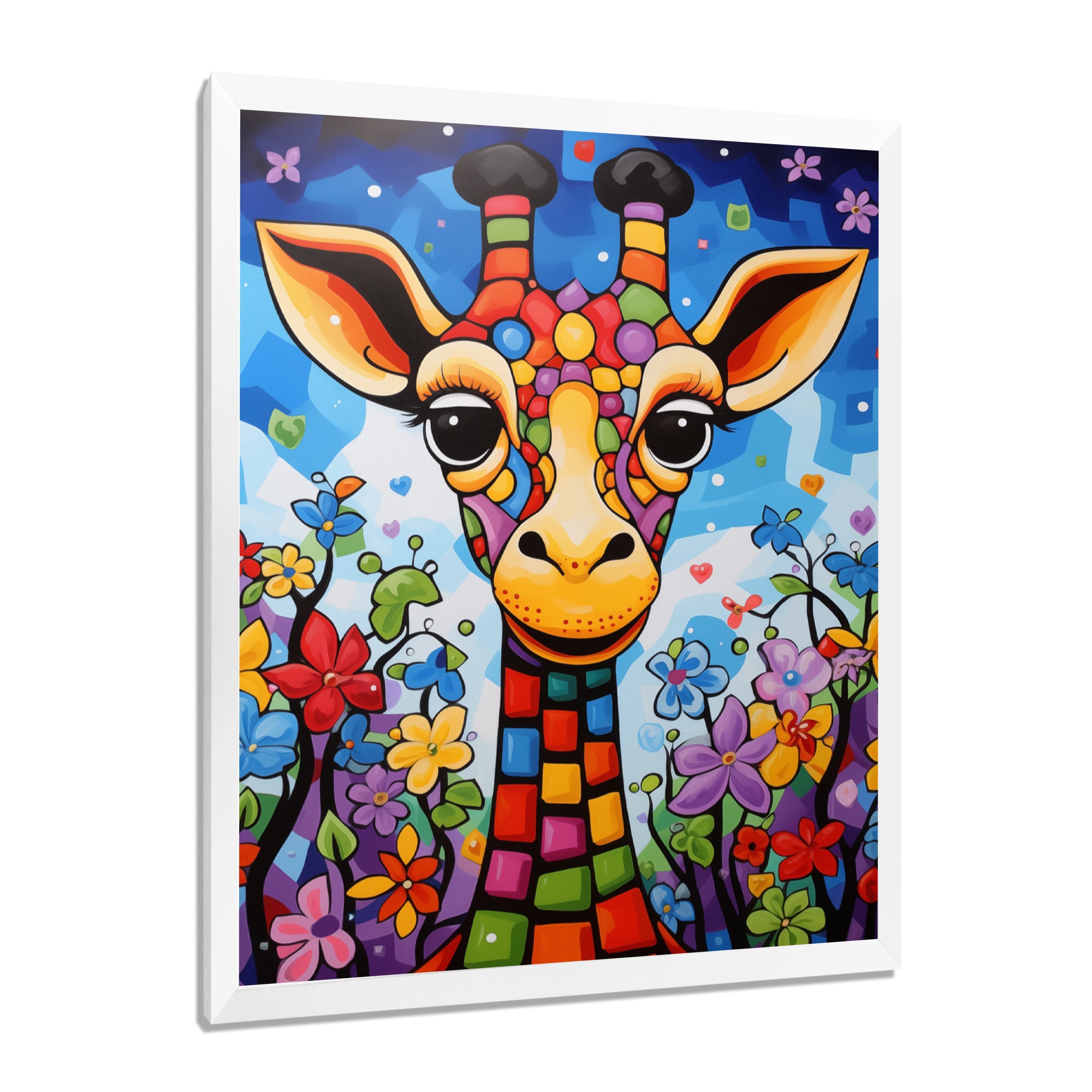Colorful cute Giraffe in jungle landscape - Giraffe Framed Canvas Art