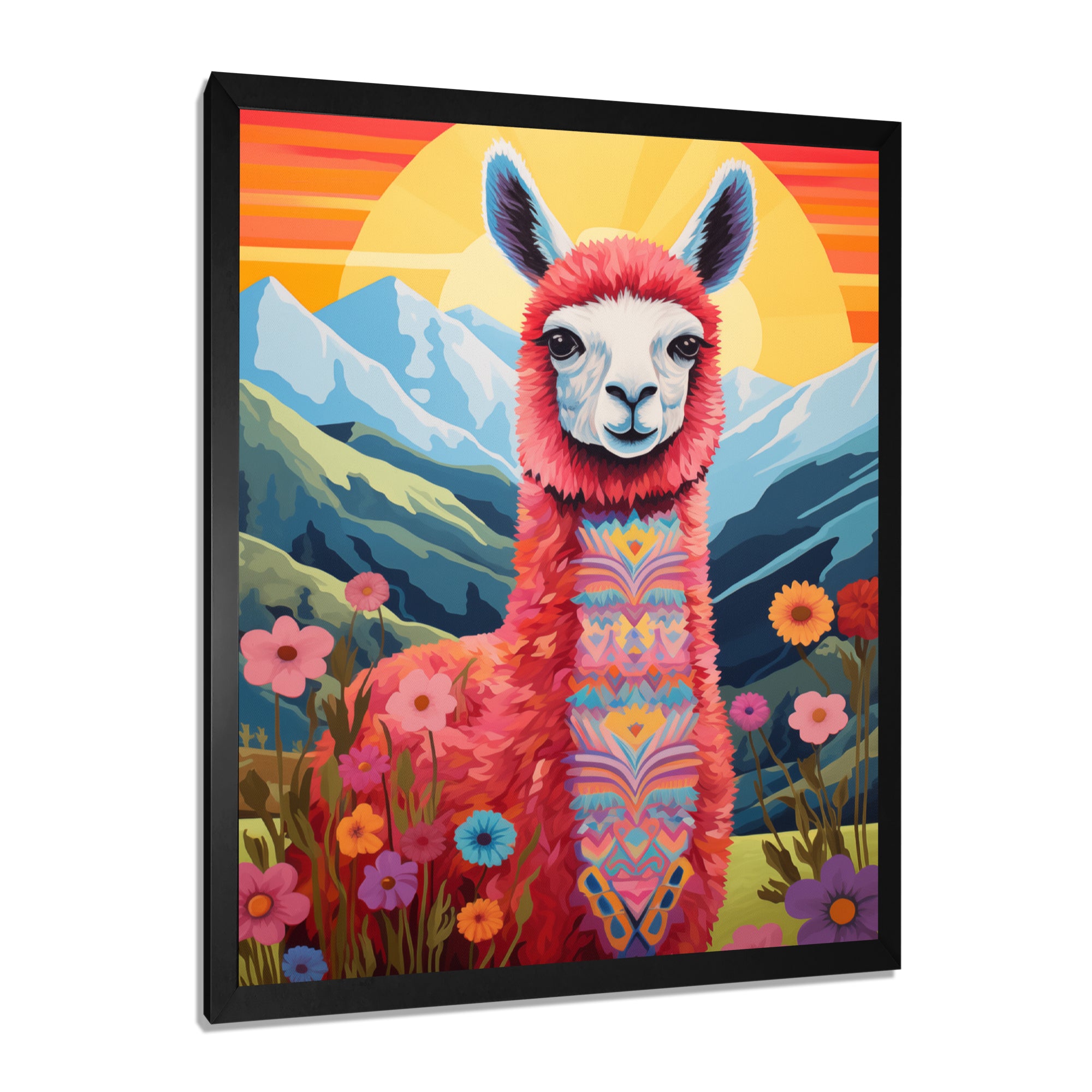Pink Alpaca in Chile mountain blooms landscape - Llama Wall Decor