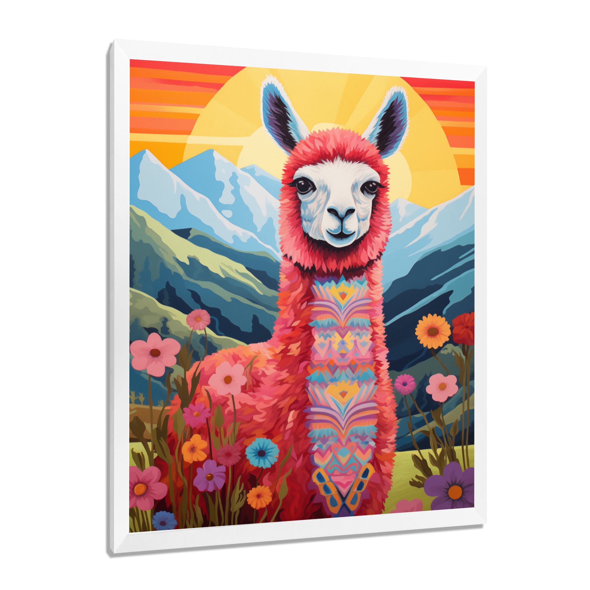 Pink Alpaca in Chile mountain blooms landscape - Llama Wall Decor