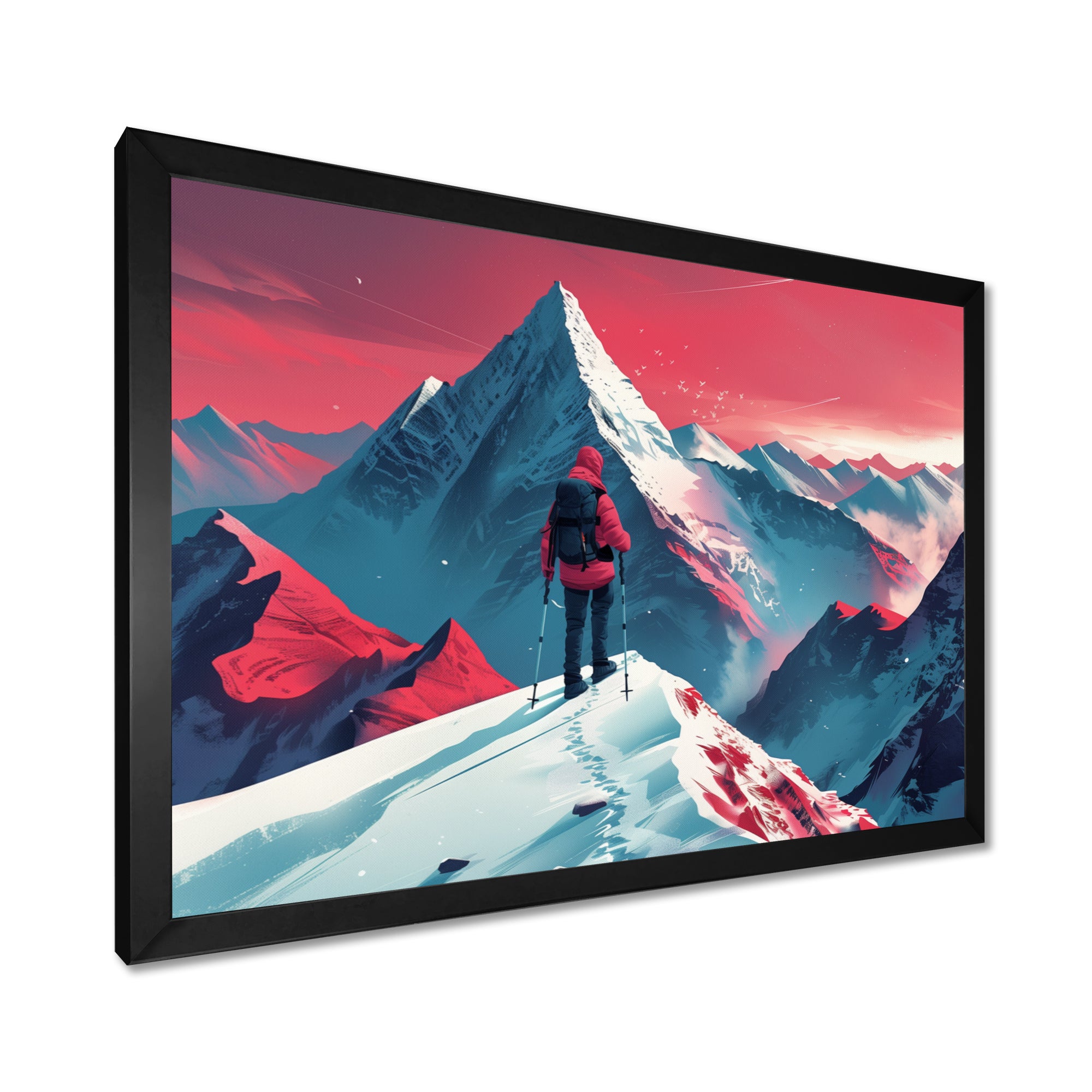 Red Blue Winter Mountain Views Hiking I - Hiking Canvas Wall Art