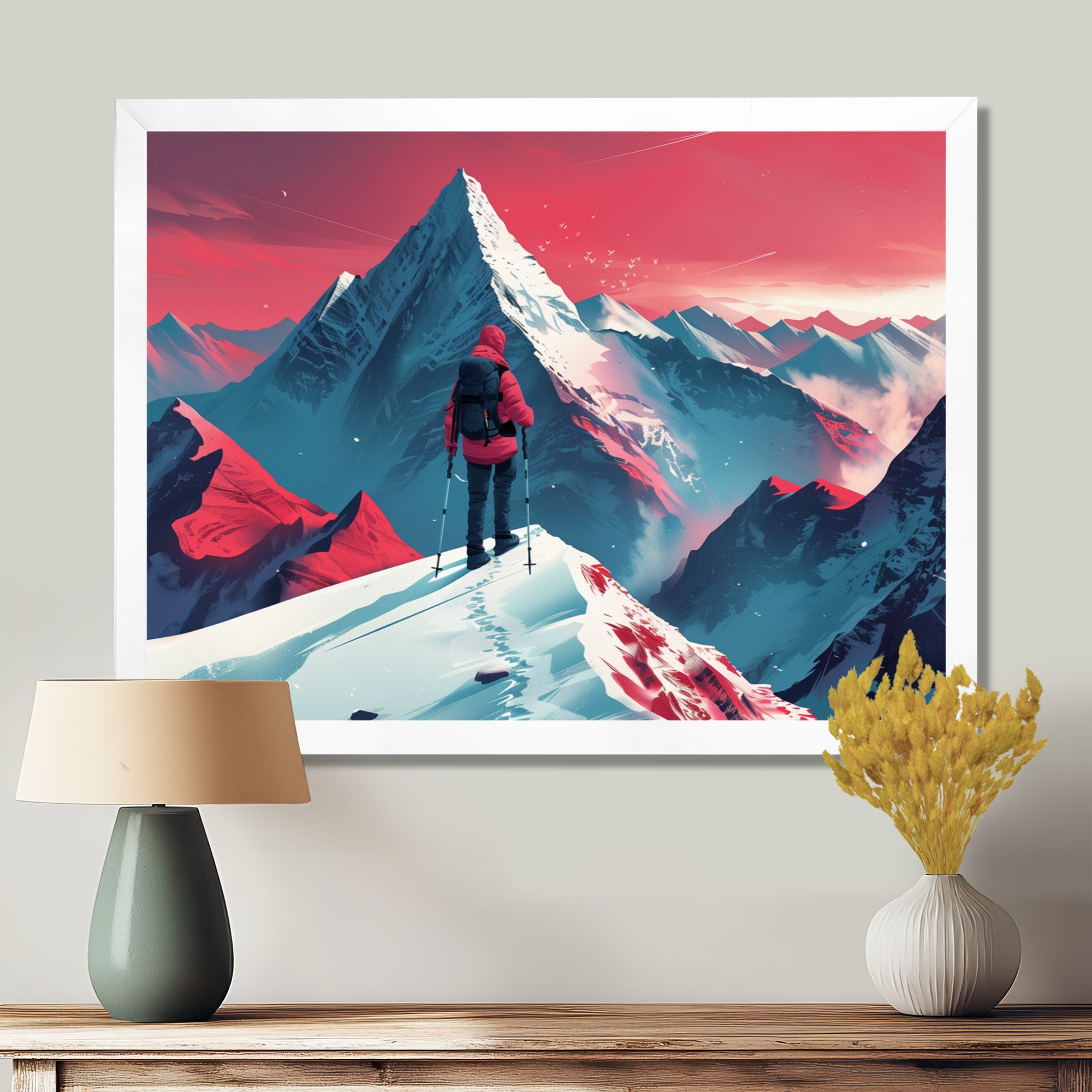 Red Blue Winter Mountain Views Hiking I - Hiking Canvas Wall Art