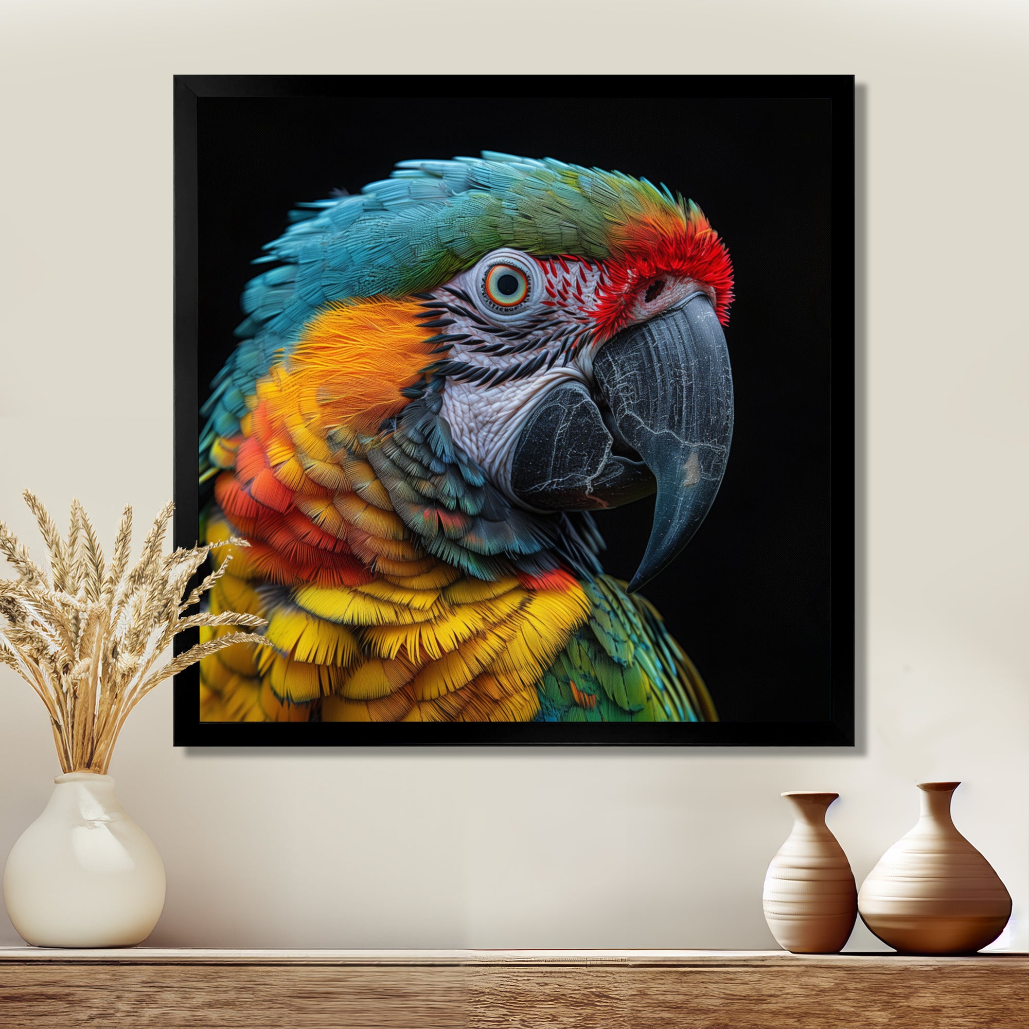 Green and yellow parrot portrait on black - Parrot Wall Decor