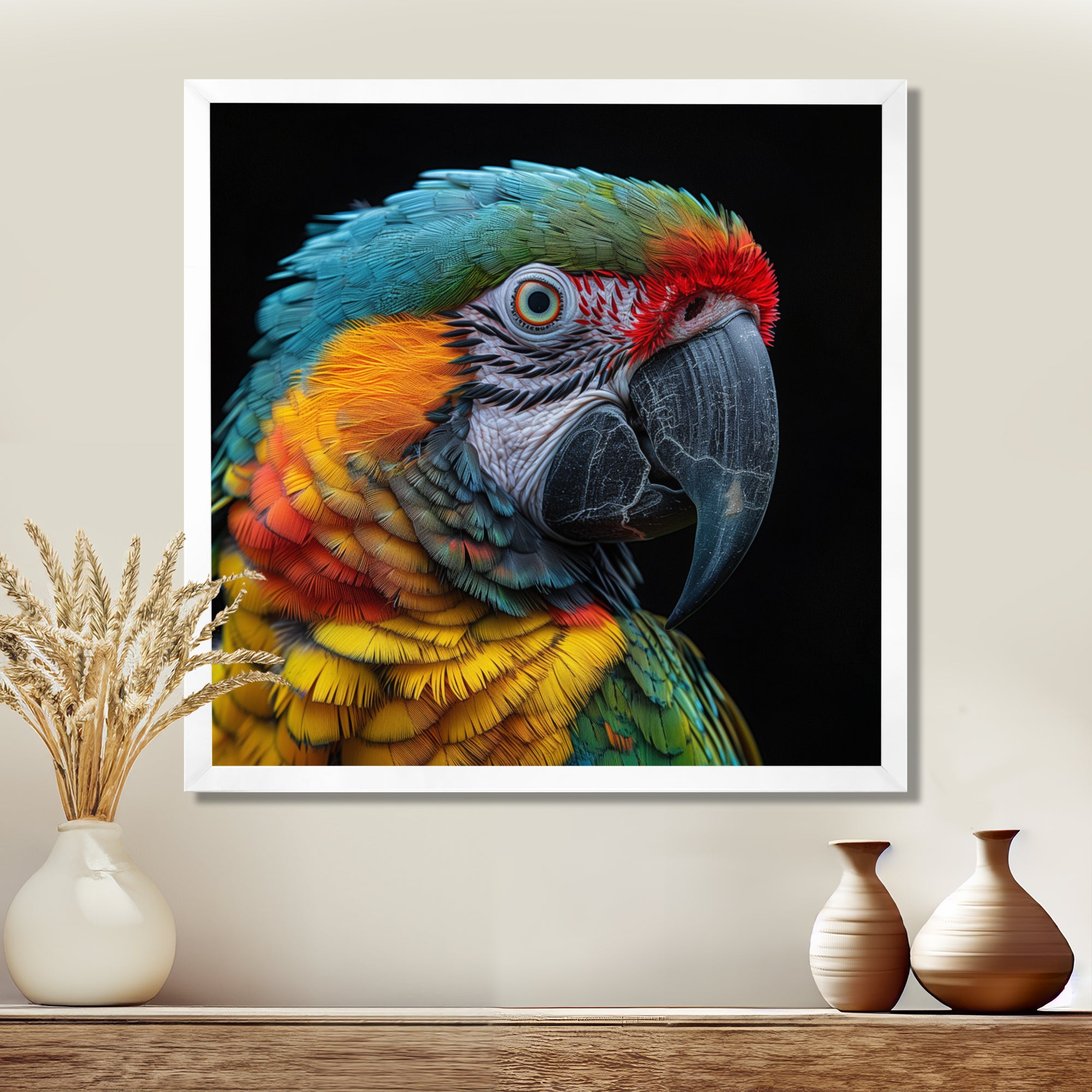 Green and yellow parrot portrait on black - Parrot Wall Decor