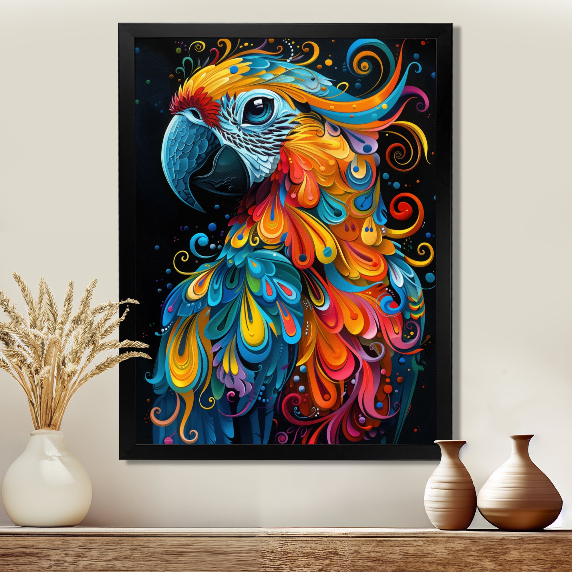 Blue orange parrot portrait on black - Parrot Wall Decor