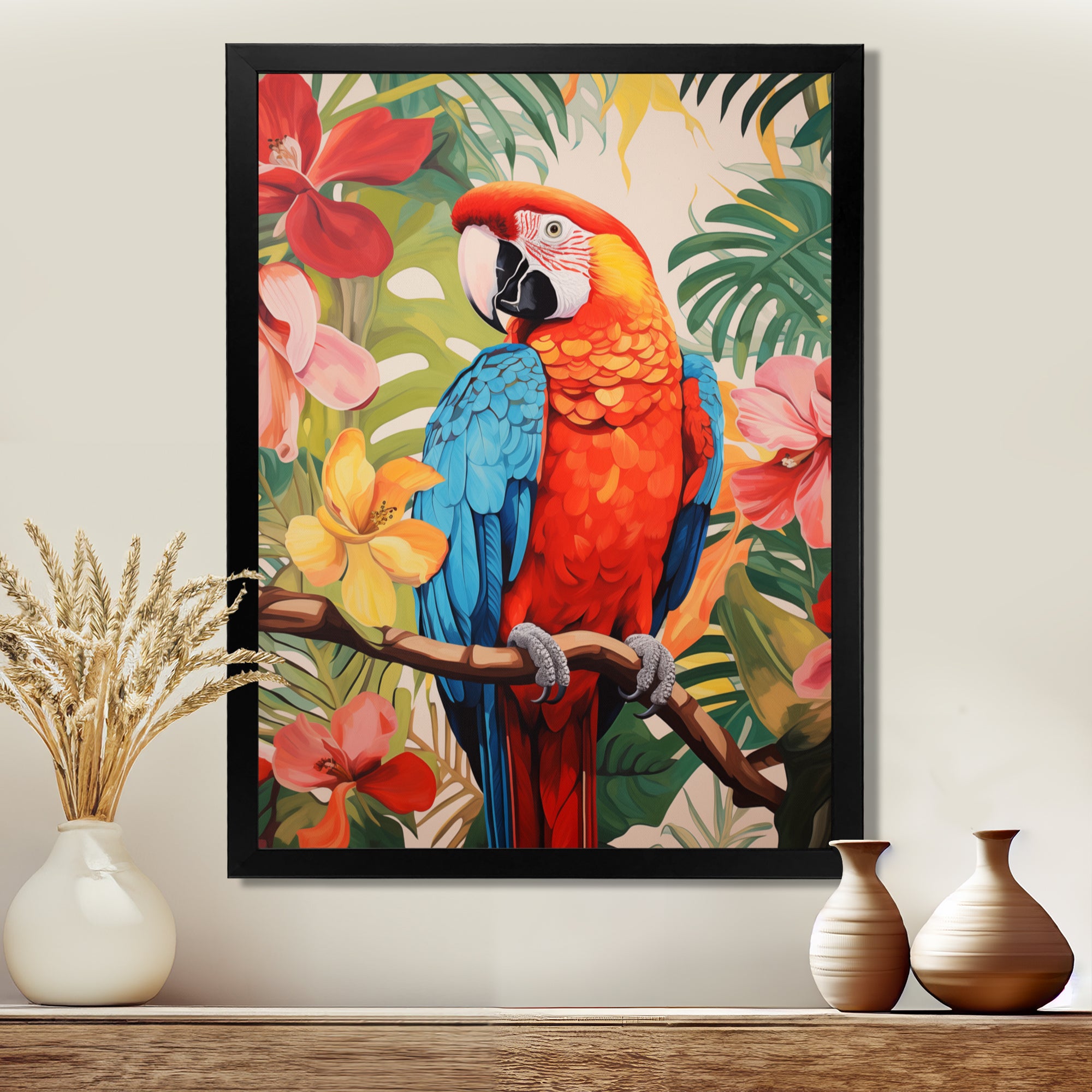 Red blue Parrot in the African jungle - Red Parrot Wall Art