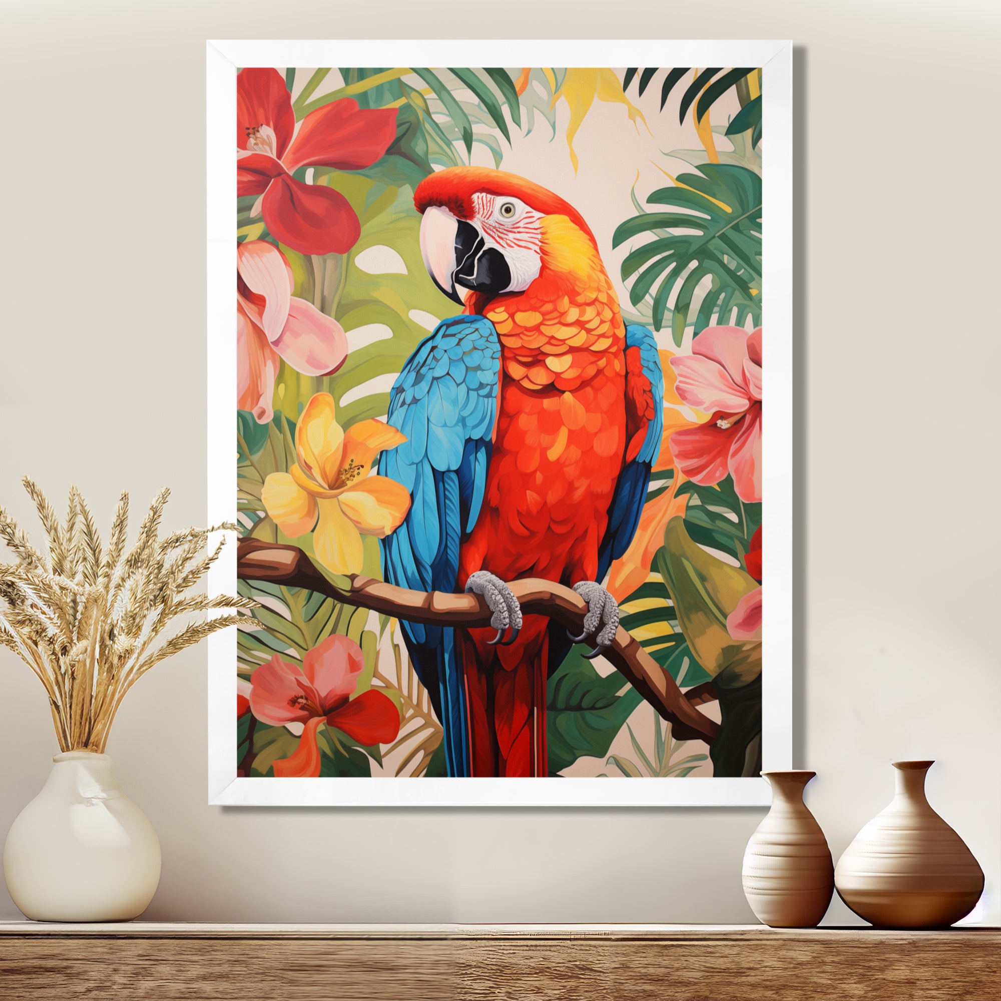 Red blue Parrot in the African jungle - Red Parrot Wall Art