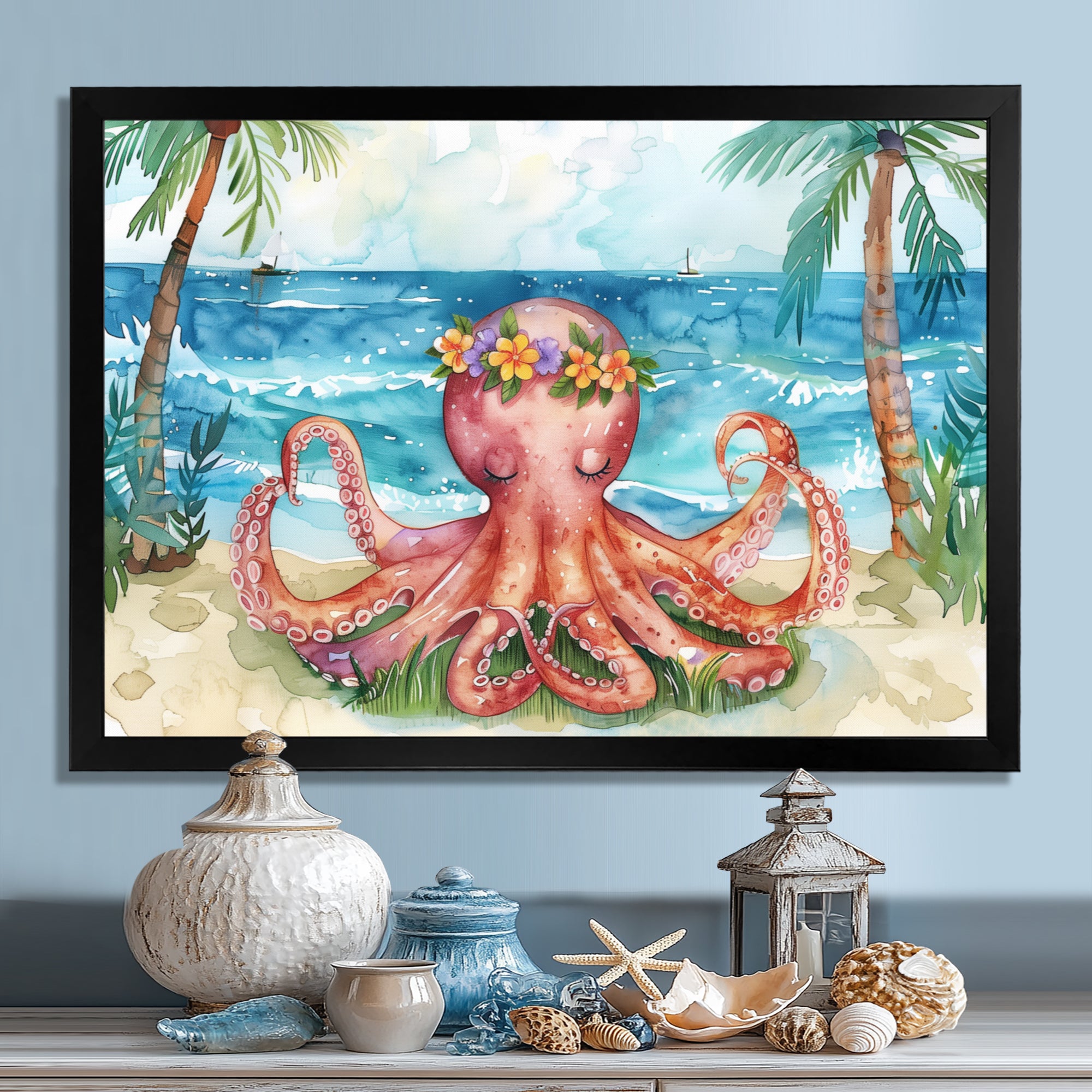 Octopus Meditating On The Beach In Hawaii - Octopus Framed Canvas Art