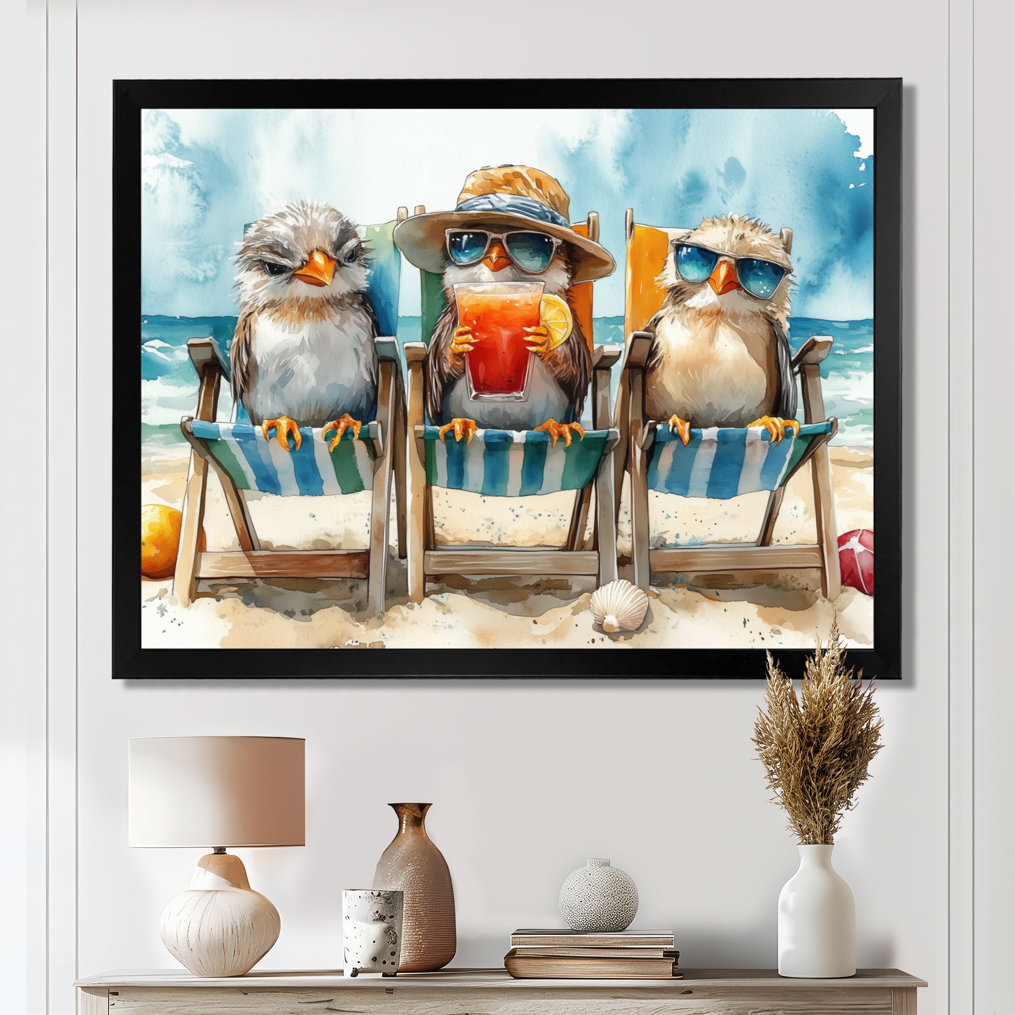 Canaries On The Beach Lounging Chair - Coastal Animal Living Room Wall Art