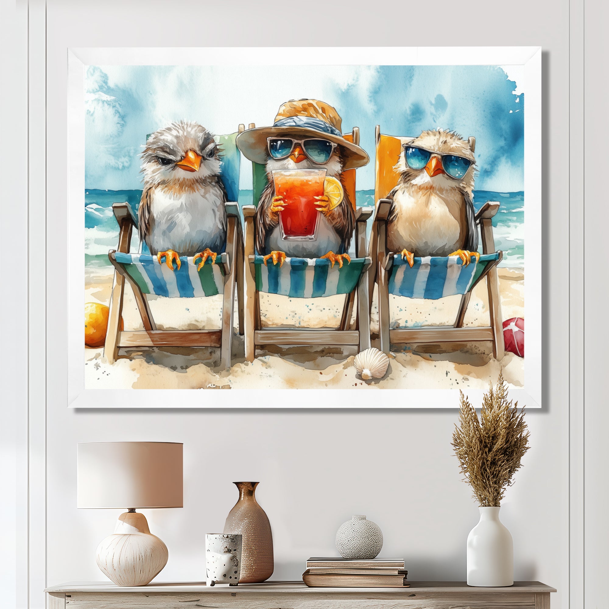 Canaries On The Beach Lounging Chair - Coastal Animal Living Room Wall Art