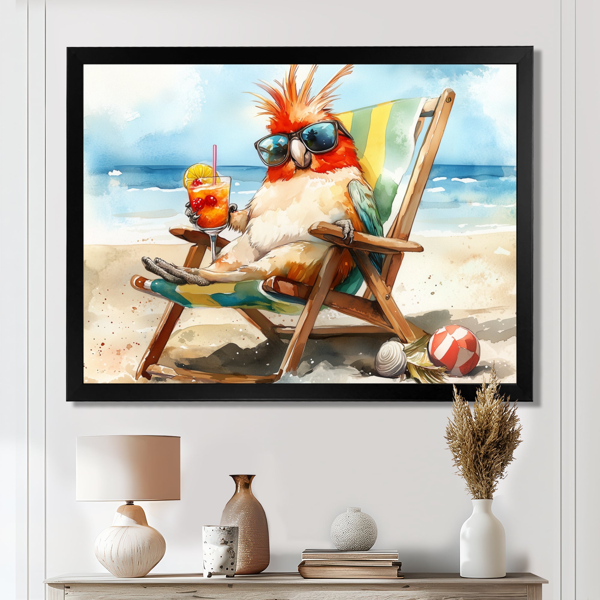 Cockatiel On The Beach Lounging - Coastal Animal Canvas Wall Art