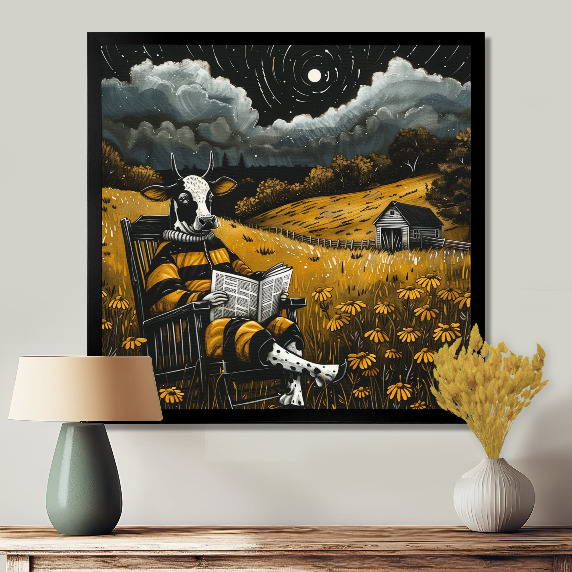 Cow Reading In The Meadow On A Rocking Chair - Cow Wall Decor