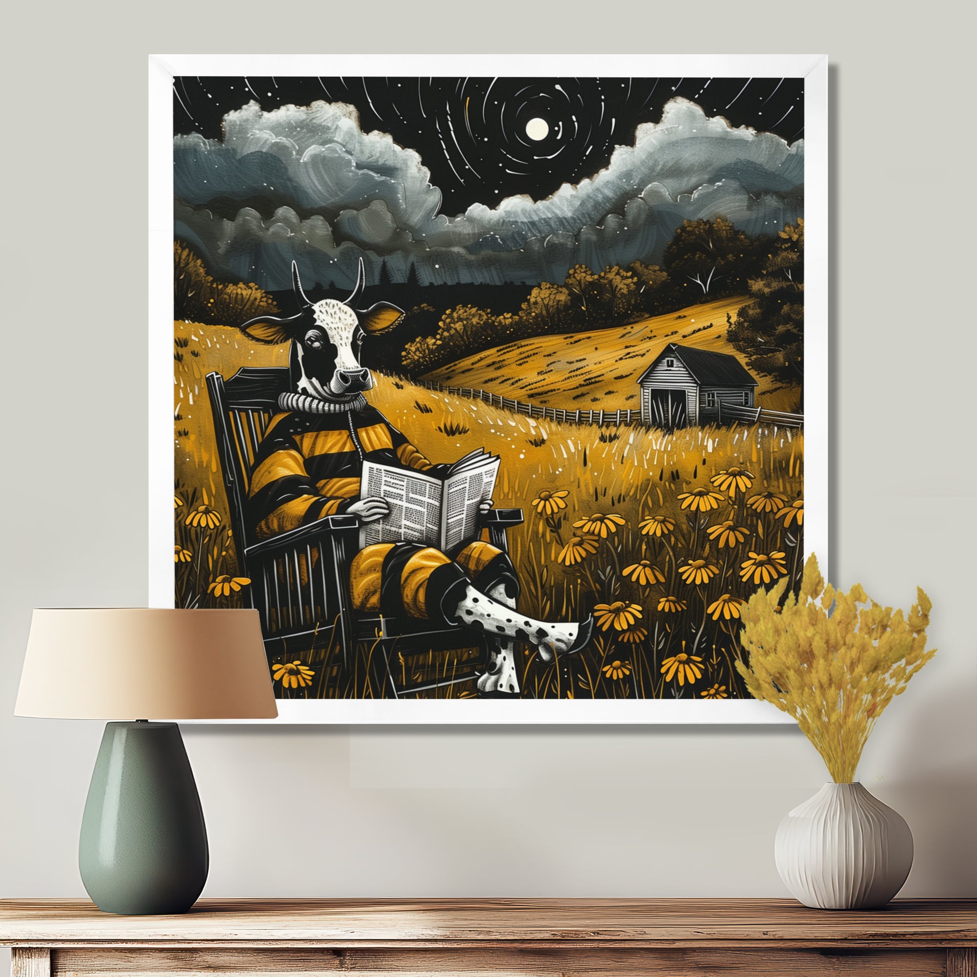 Cow Reading In The Meadow On A Rocking Chair - Cow Wall Decor
