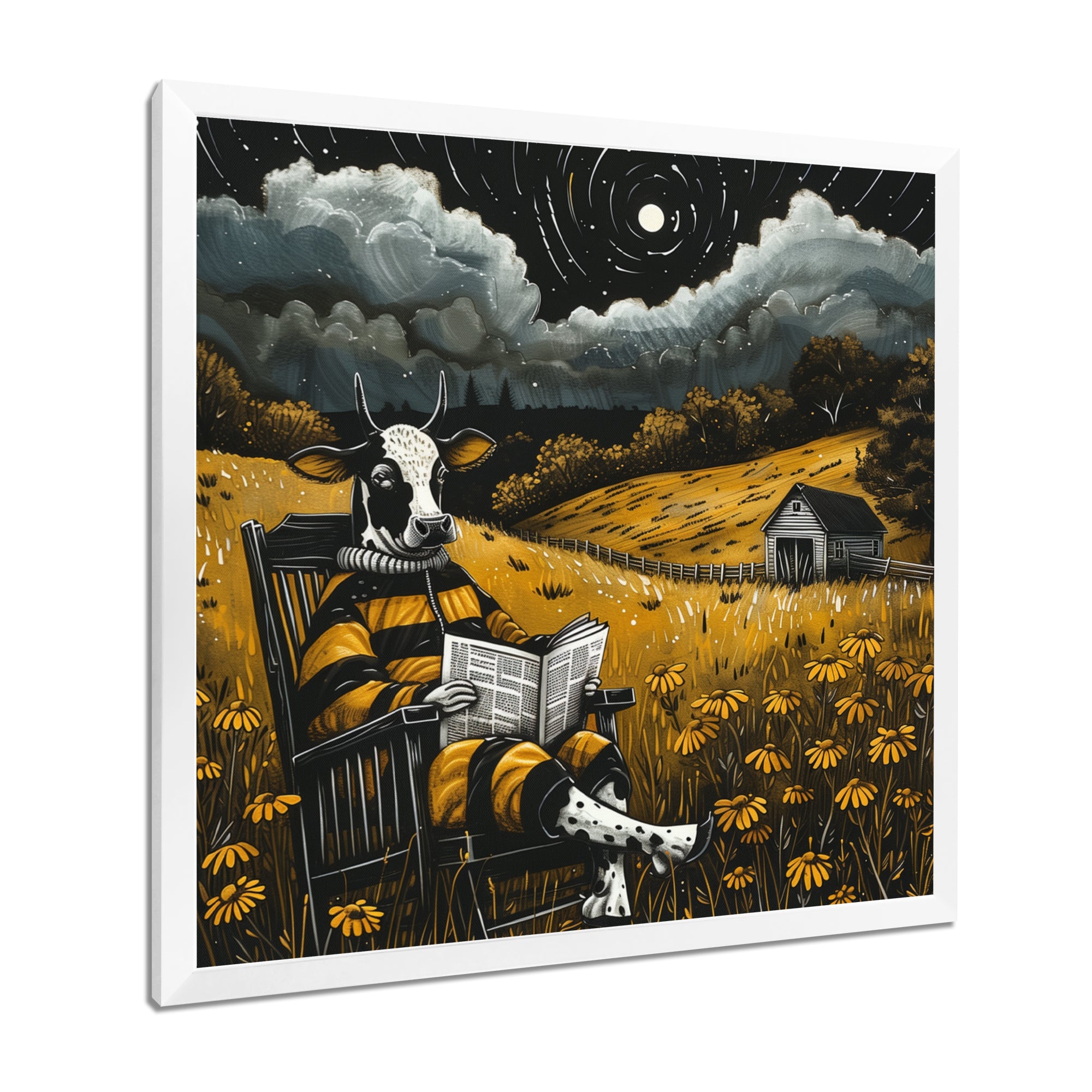 Cow Reading In The Meadow On A Rocking Chair - Cow Wall Decor