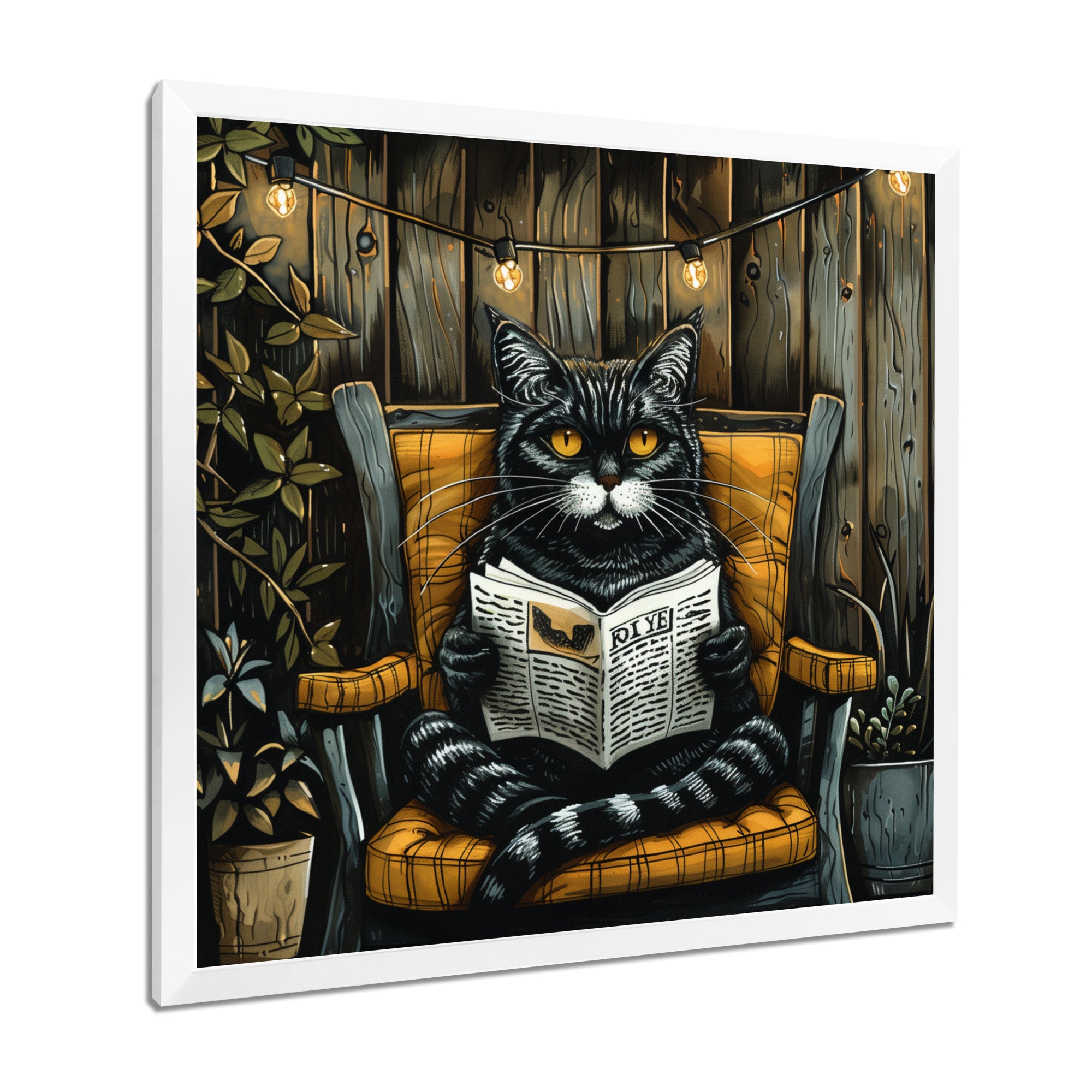 Gothic Cat Reading Newspaper On A Chair - Cat Large Canvas Wall Art