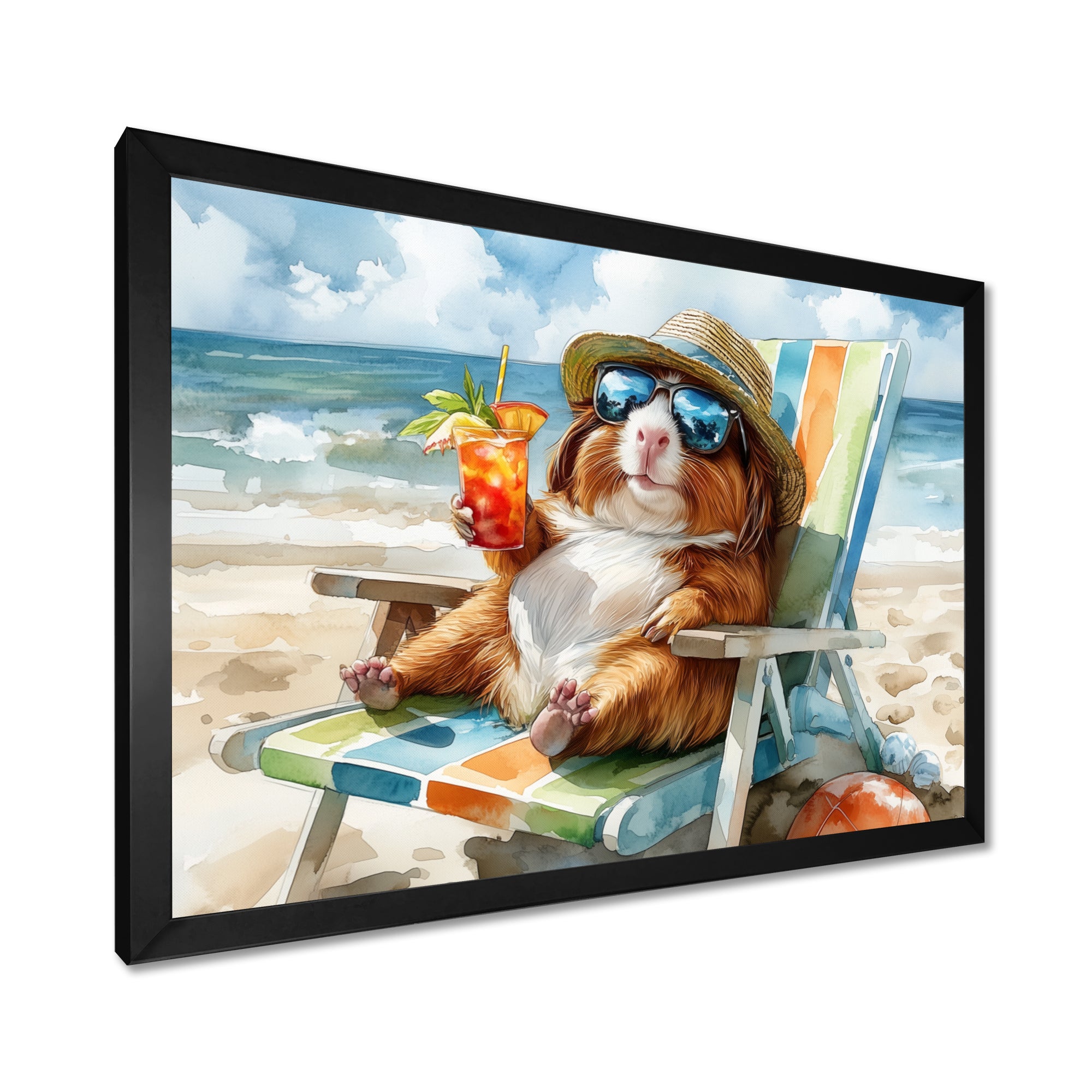 Guinea Pig Beachside Lounging - Coastal Animal Home Decor Art