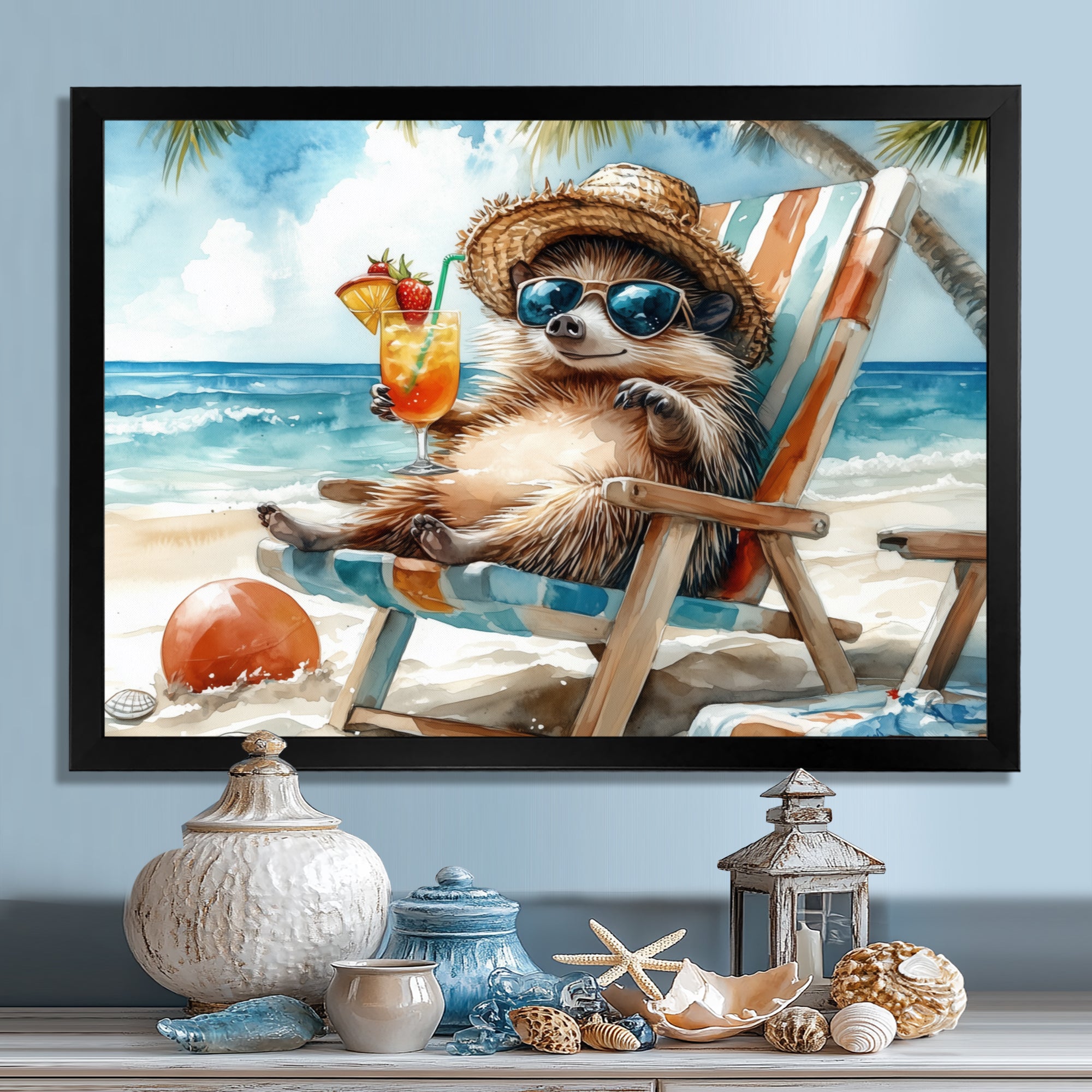 Hedgehog Beachside Lounging - Coastal Animal Living Room Wall Art