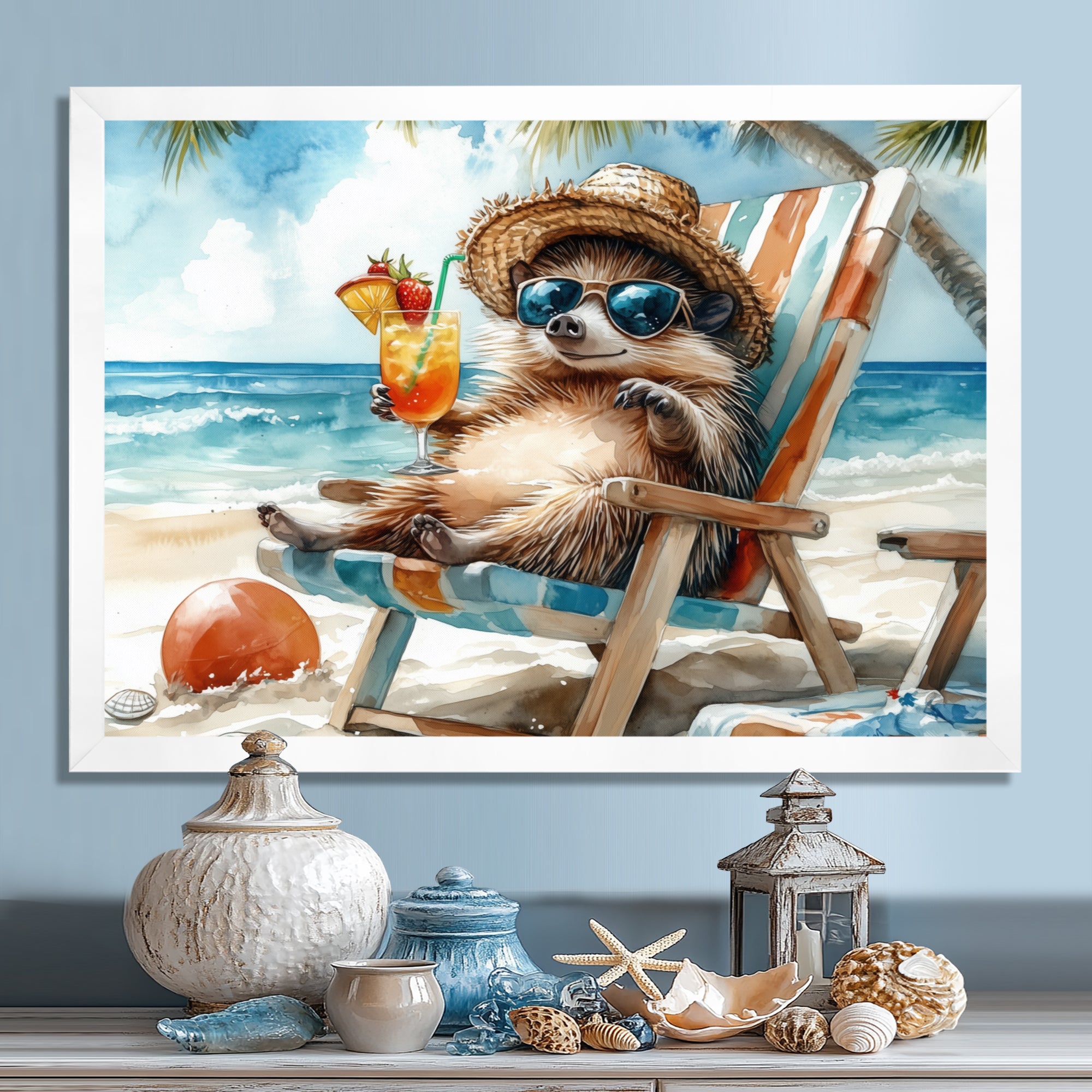Hedgehog Beachside Lounging - Coastal Animal Living Room Wall Art