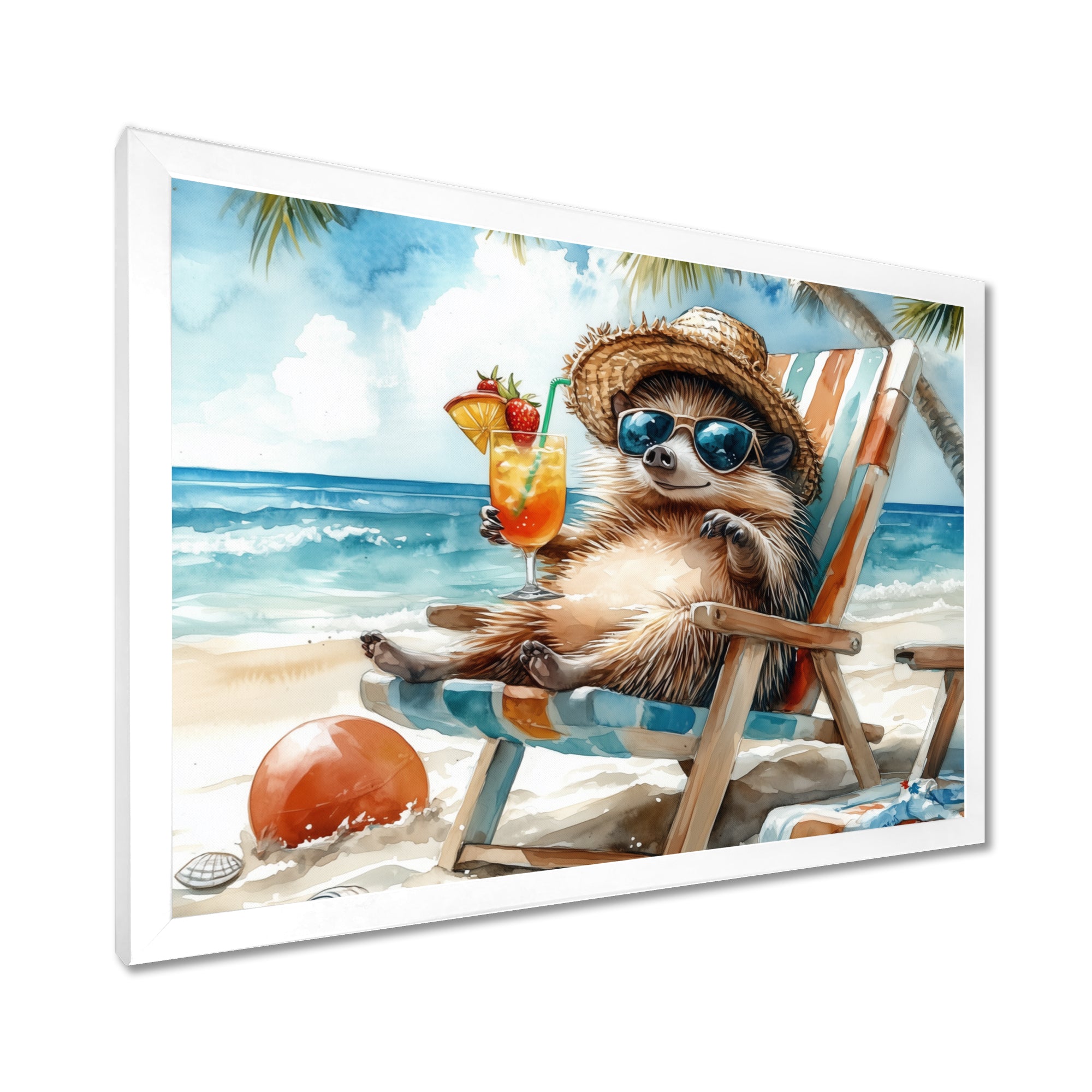 Hedgehog Beachside Lounging - Coastal Animal Living Room Wall Art
