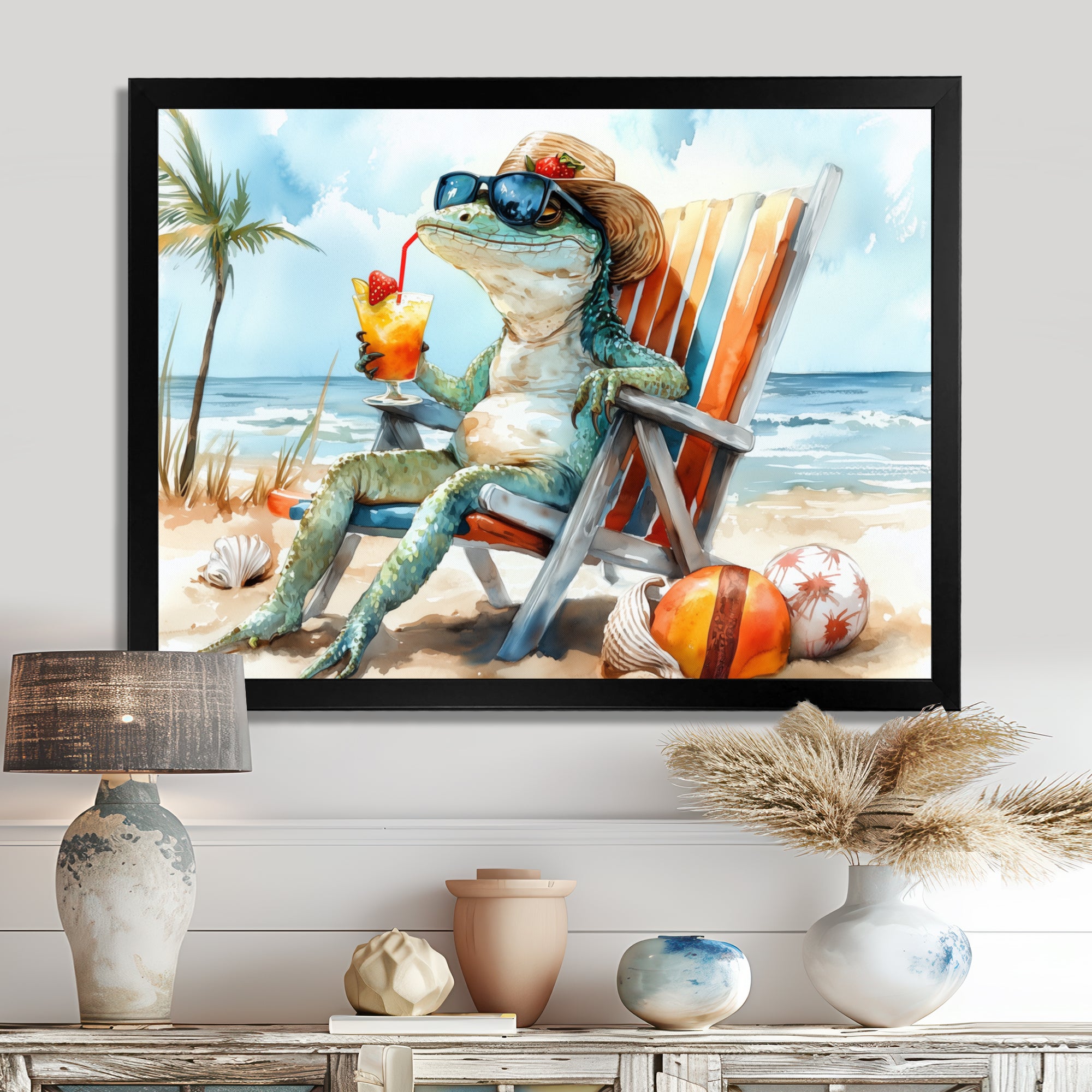 Lizard On A Beach Lounging Chair - Coastal Animal Canvas Wall Art