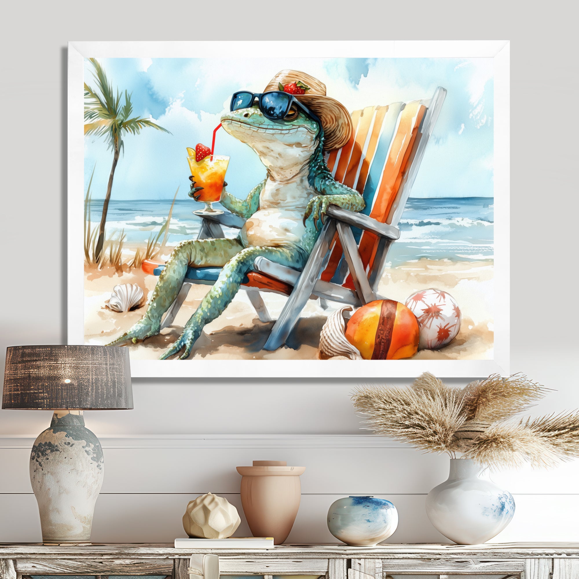 Lizard On A Beach Lounging Chair - Coastal Animal Canvas Wall Art