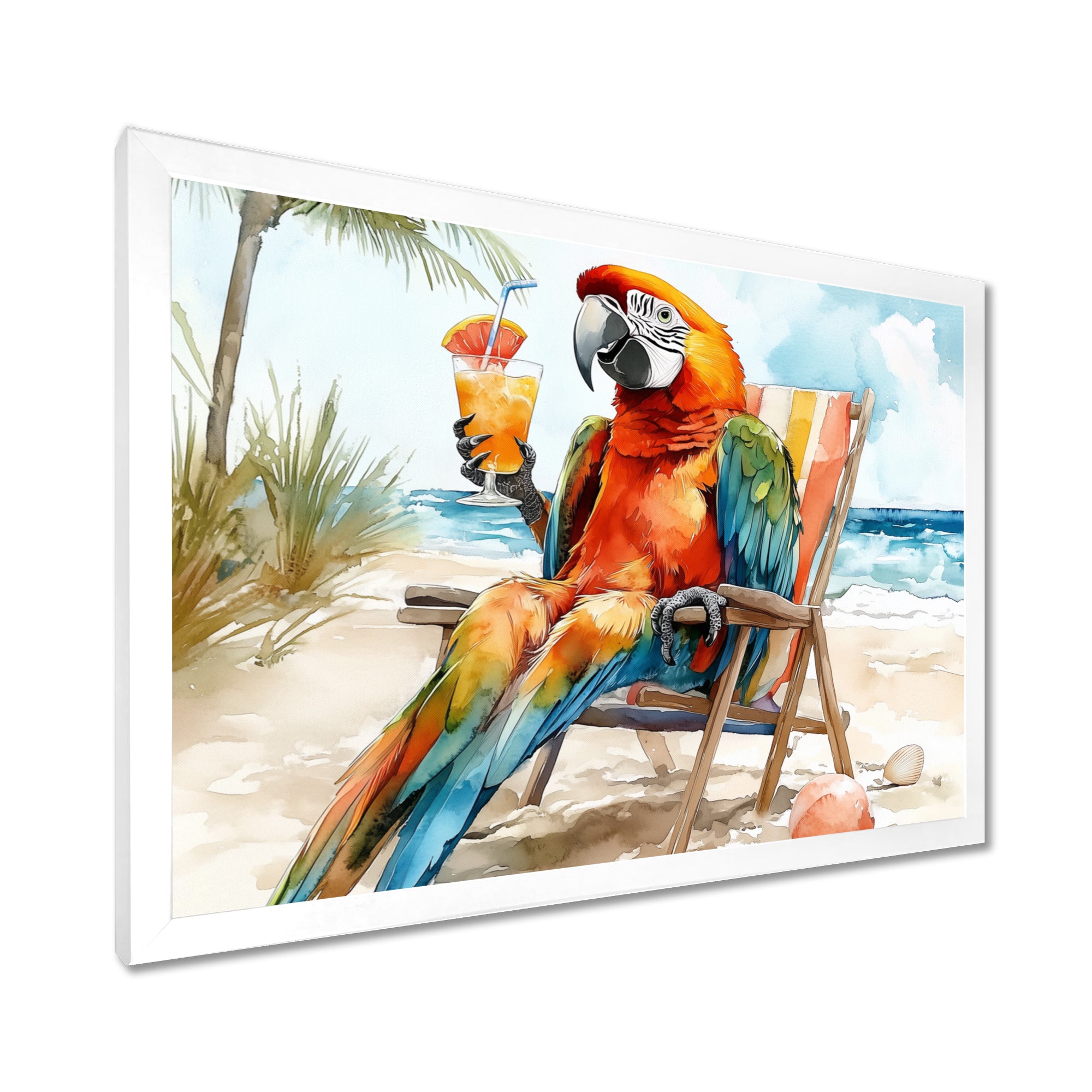 Macaw Parrot On A Beach Lounging Chair - Coastal Animal Canvas Wall Art