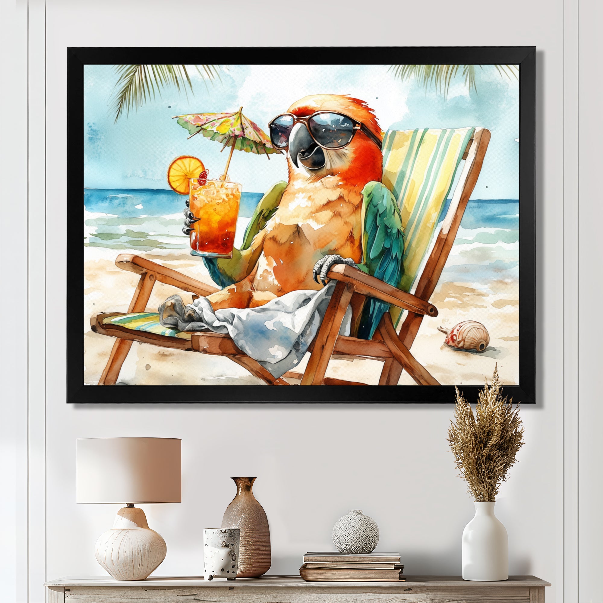 Parrot On The Beach Lounging - Coastal Animal Wall Decor