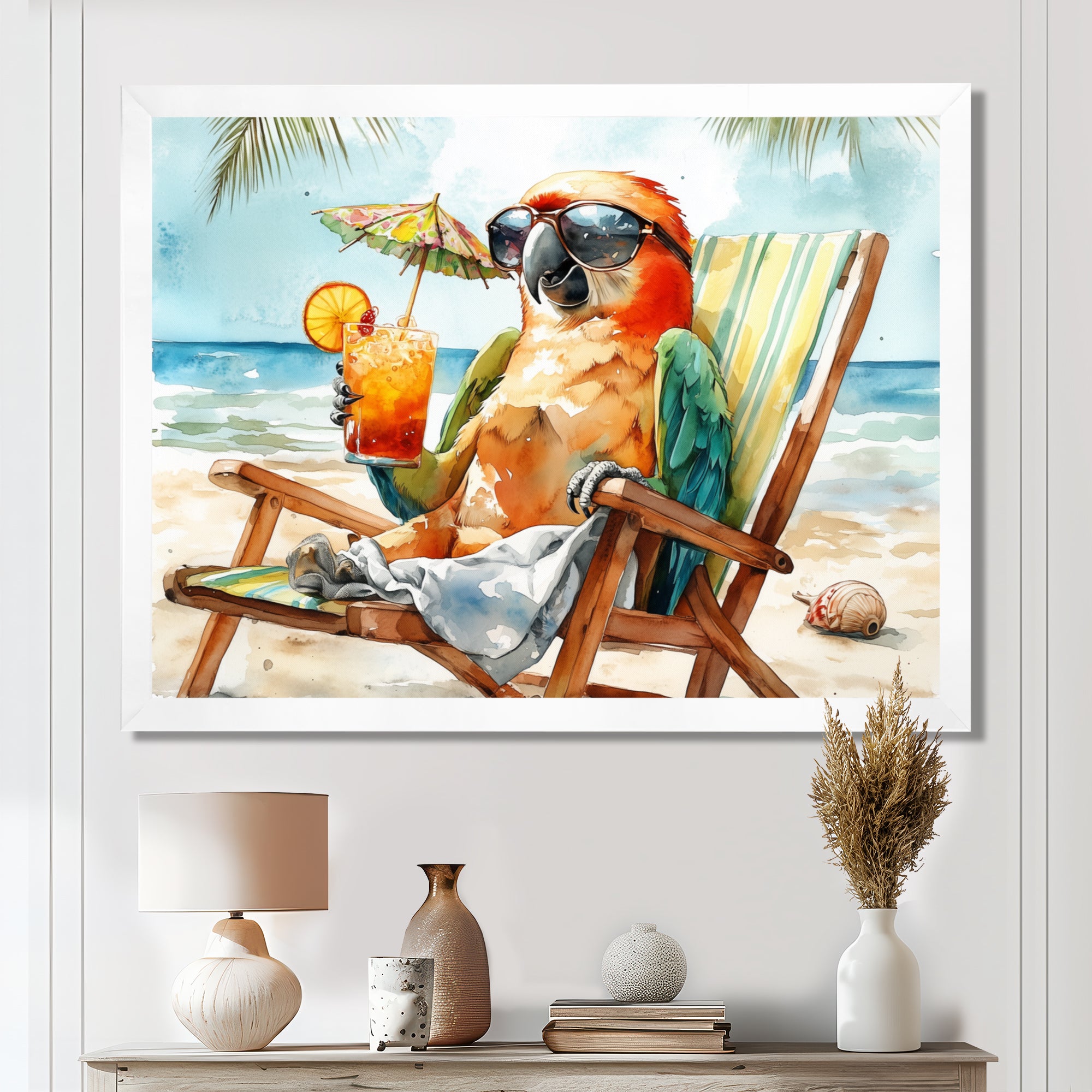 Parrot On The Beach Lounging - Coastal Animal Wall Decor