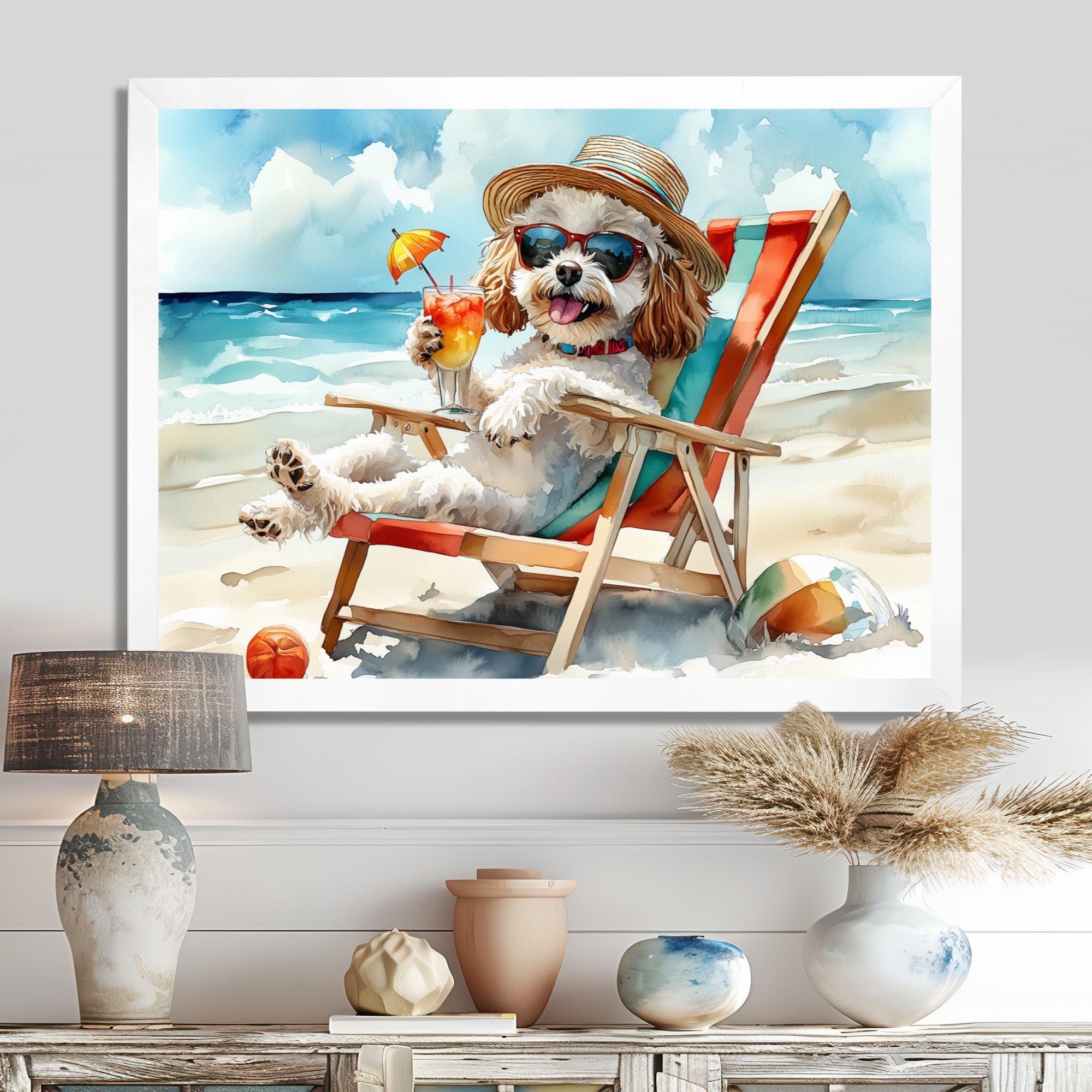 Grey Poodle Dog On The Beach Relaxing - Coastal Animal Wall Decor