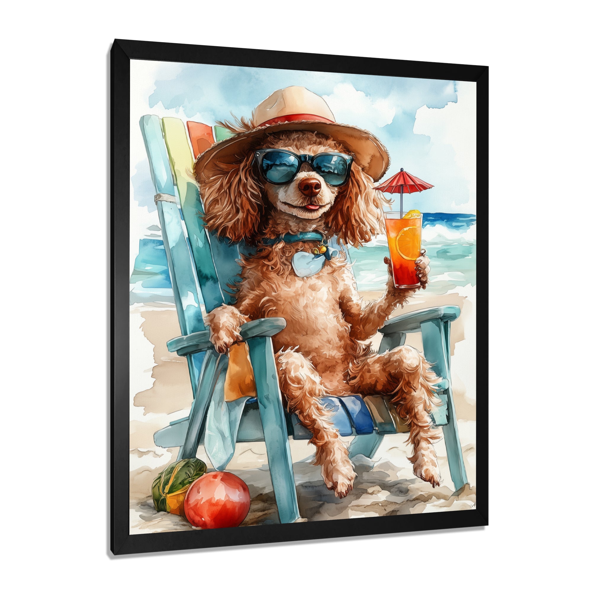 Brown Poodle Dog On The Beach Relaxing - Coastal Animal Wall Art Prints