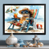 Turtle On The Beach Relaxing - Green Coastal Animal Wall Art