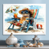 Turtle On The Beach Relaxing - Green Coastal Animal Wall Art