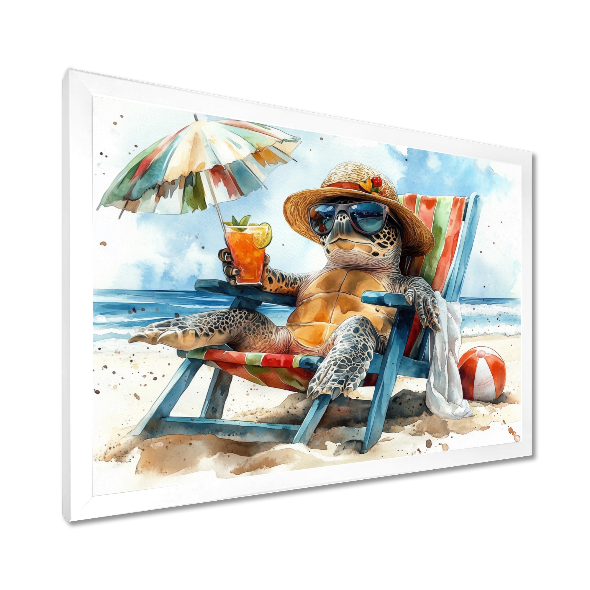 Turtle On The Beach Relaxing - Green Coastal Animal Wall Art