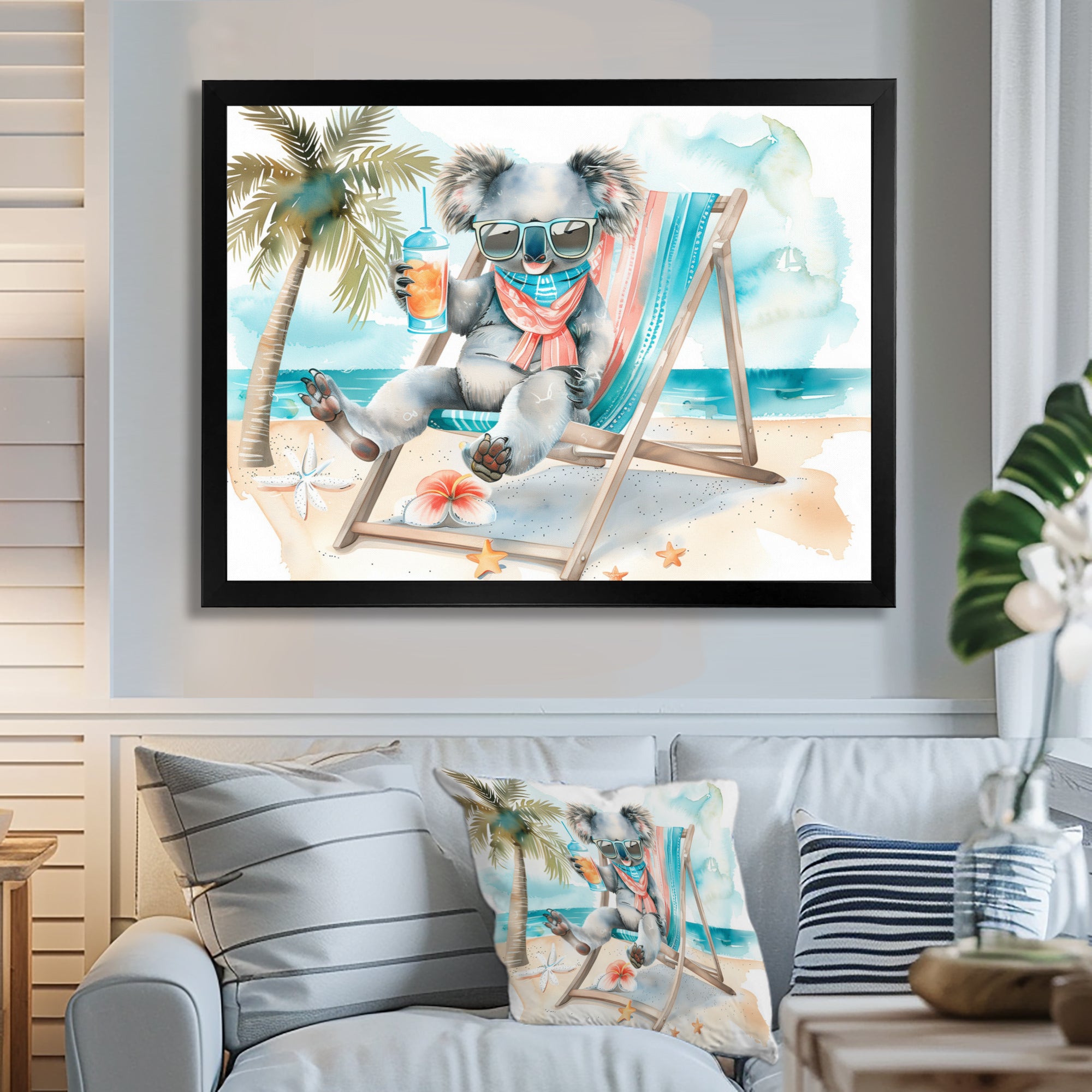 Cute Koala Beach Relaxing - Gray Coastal Animal Wall Art