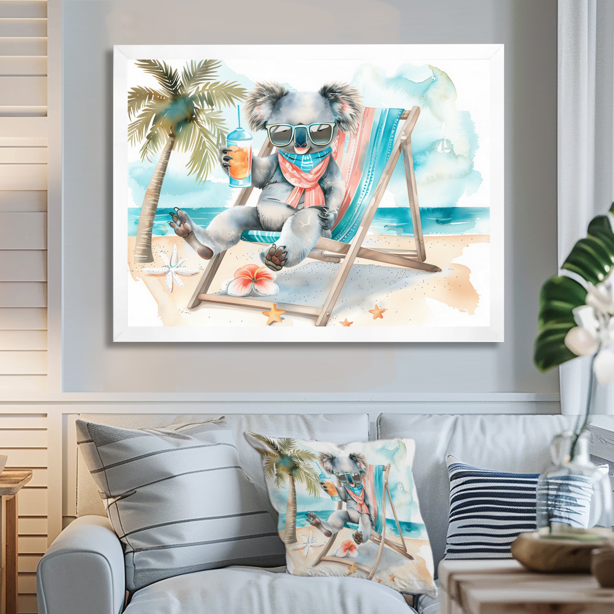 Cute Koala Beach Relaxing - Gray Coastal Animal Wall Art