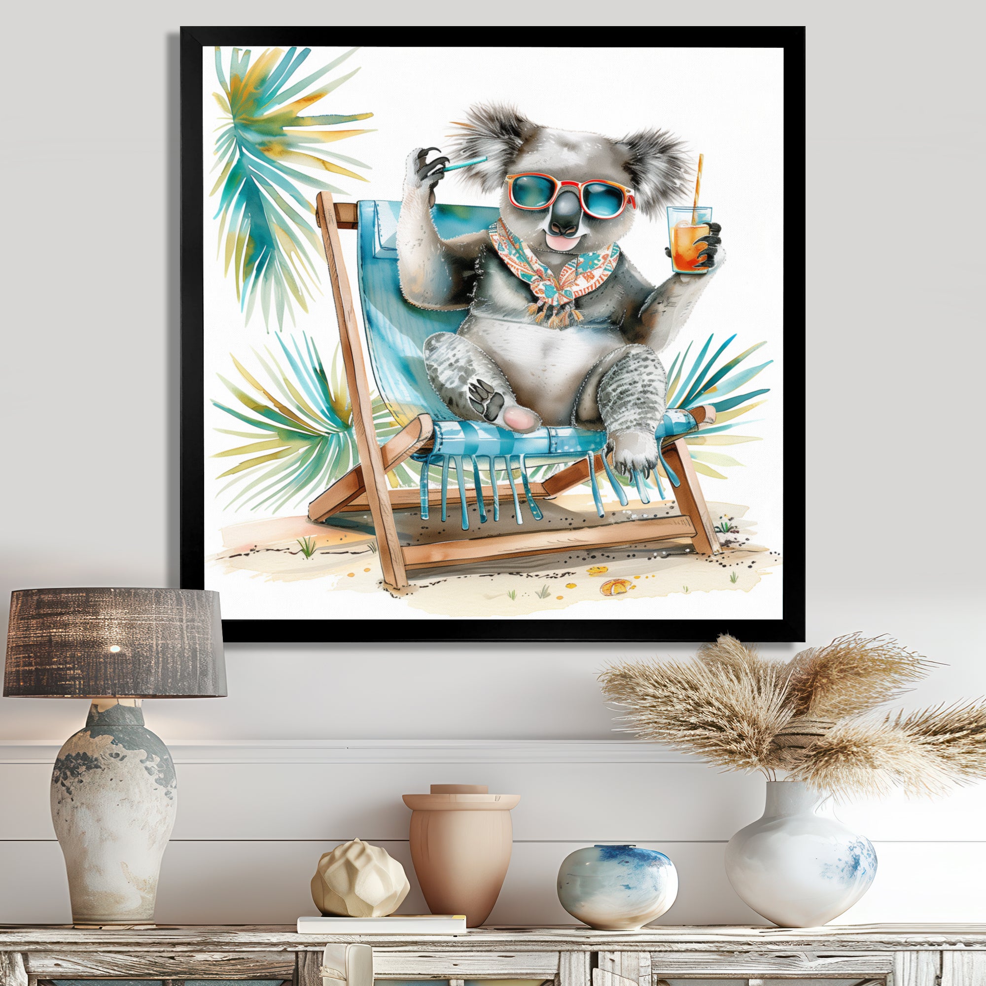 Cute Koala Beach Chair Relaxing - Gray Coastal Animal Wall Art
