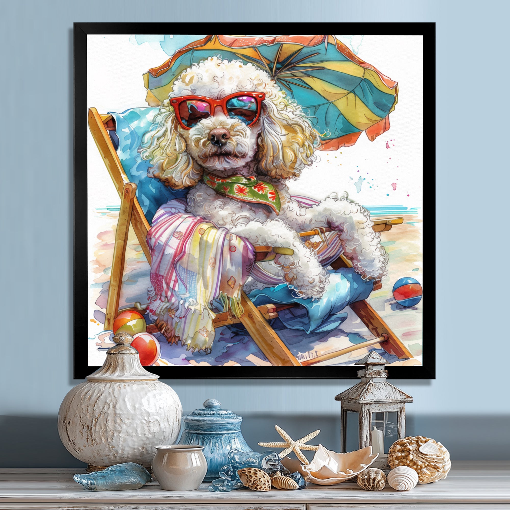 Poodle Dog Beach Relaxing Paradise - Coastal Animal Framed Canvas Art