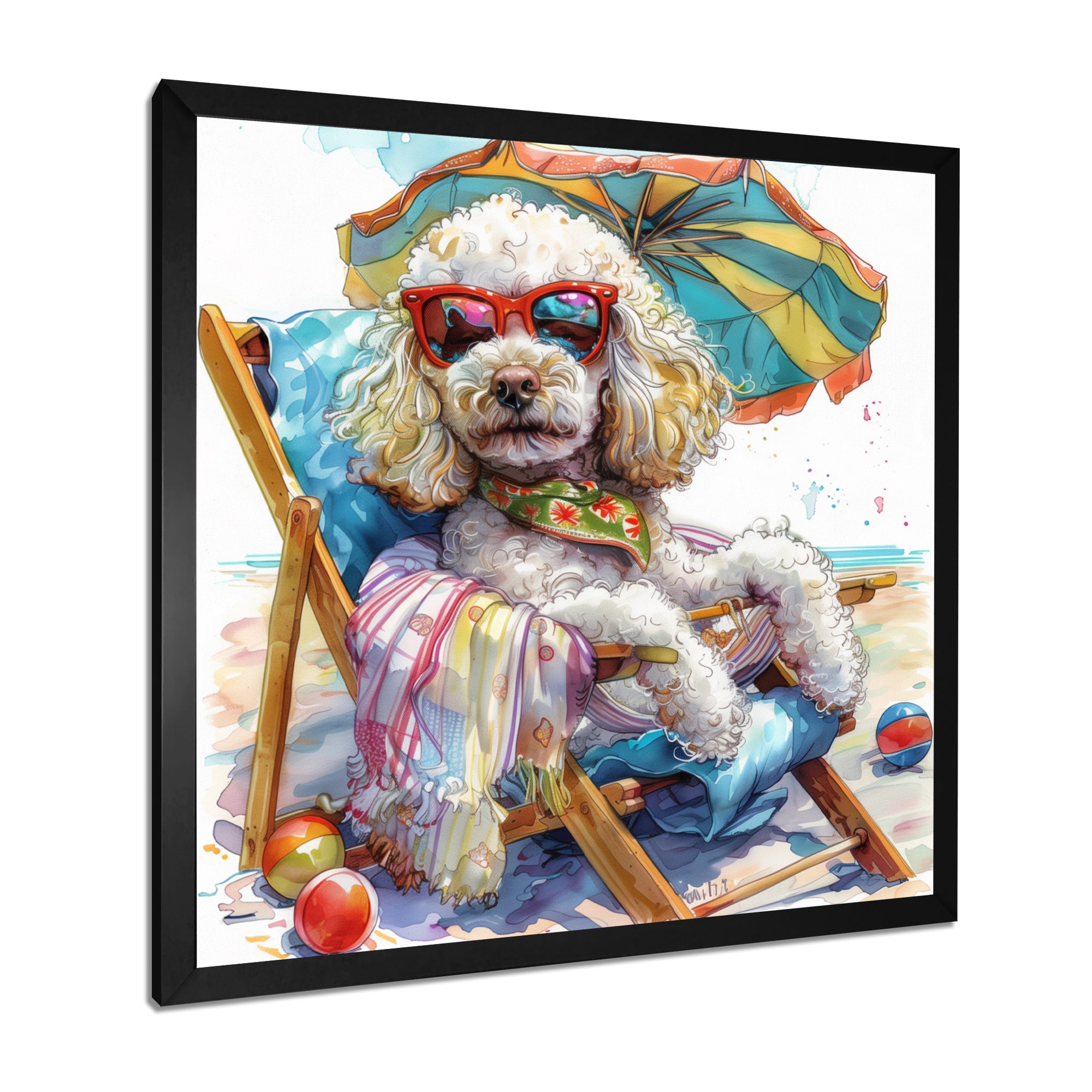 Poodle Dog Beach Relaxing Paradise - Coastal Animal Framed Canvas Art
