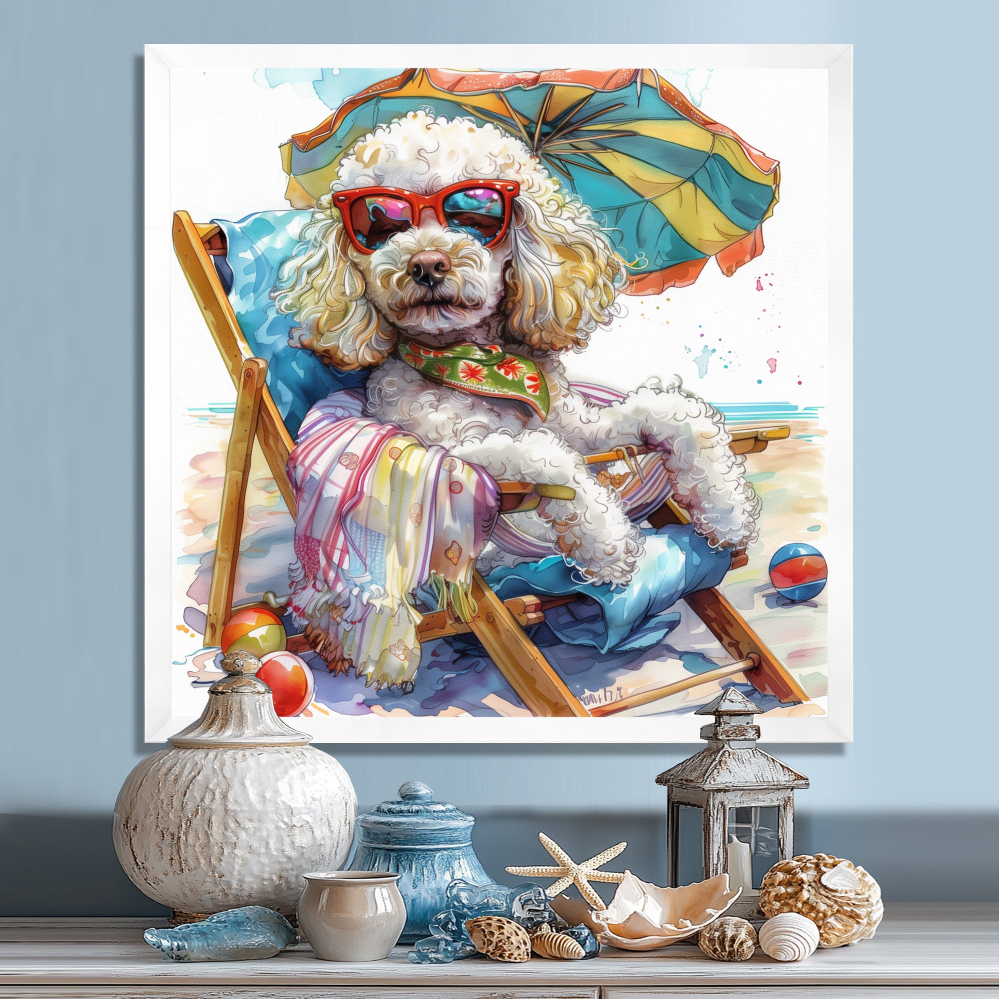 Poodle Dog Beach Relaxing Paradise - Coastal Animal Framed Canvas Art