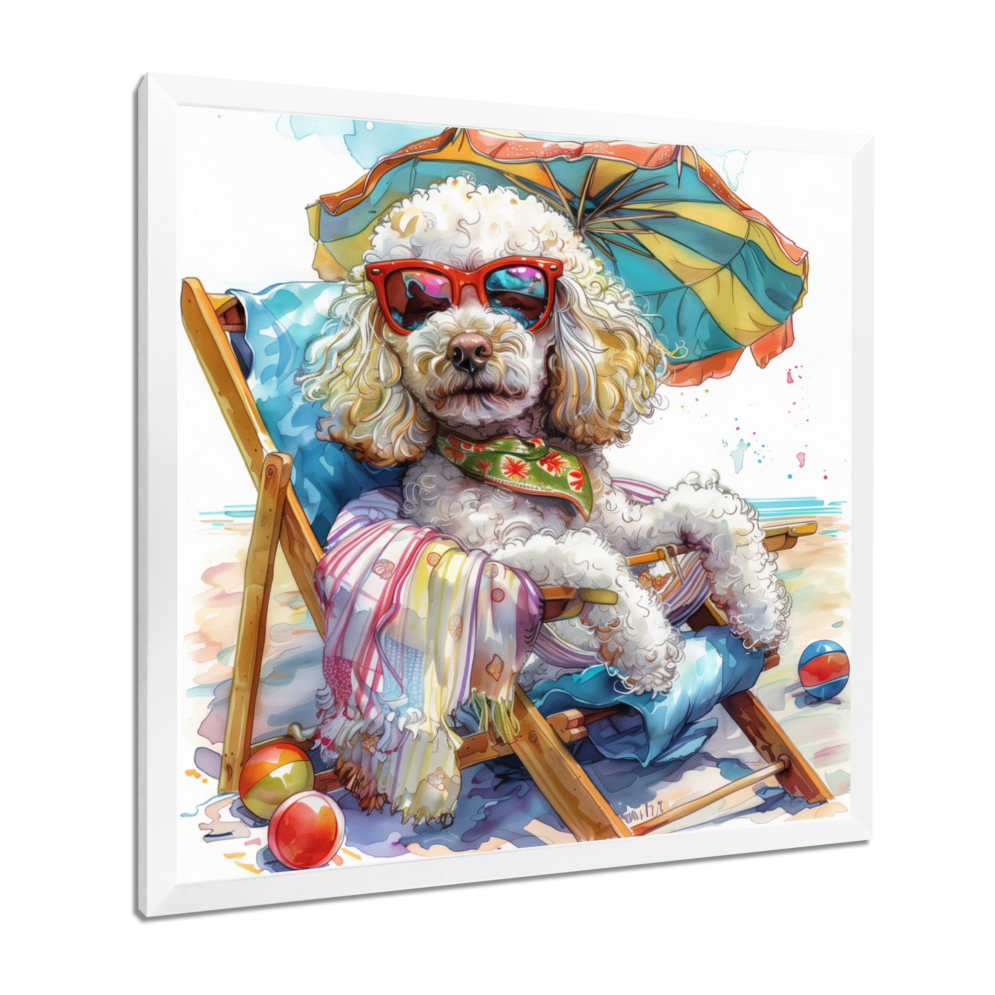 Poodle Dog Beach Relaxing Paradise - Coastal Animal Framed Canvas Art
