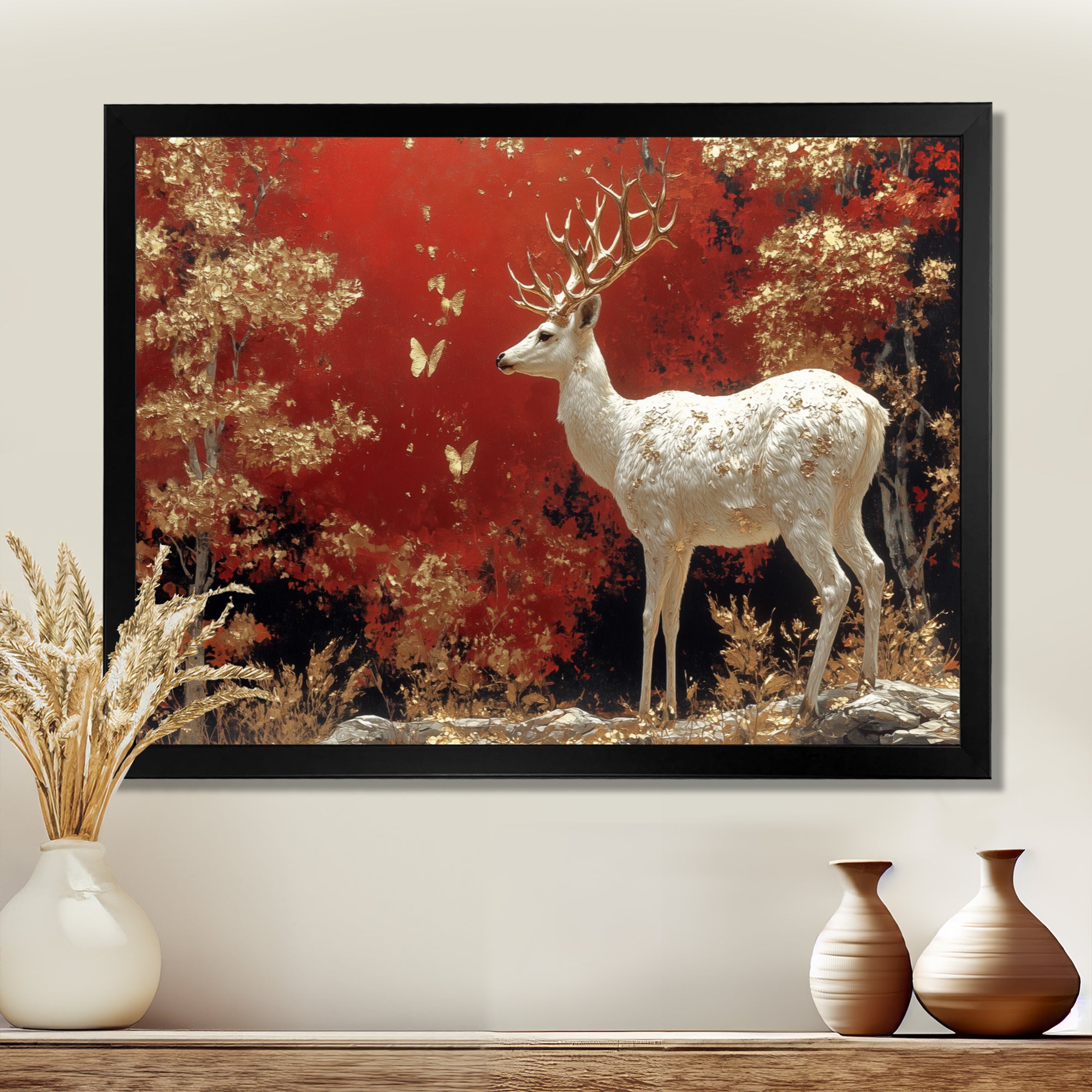 Gold And Red Scandinavian Deer Landscape - Deer Canvas Wall Art