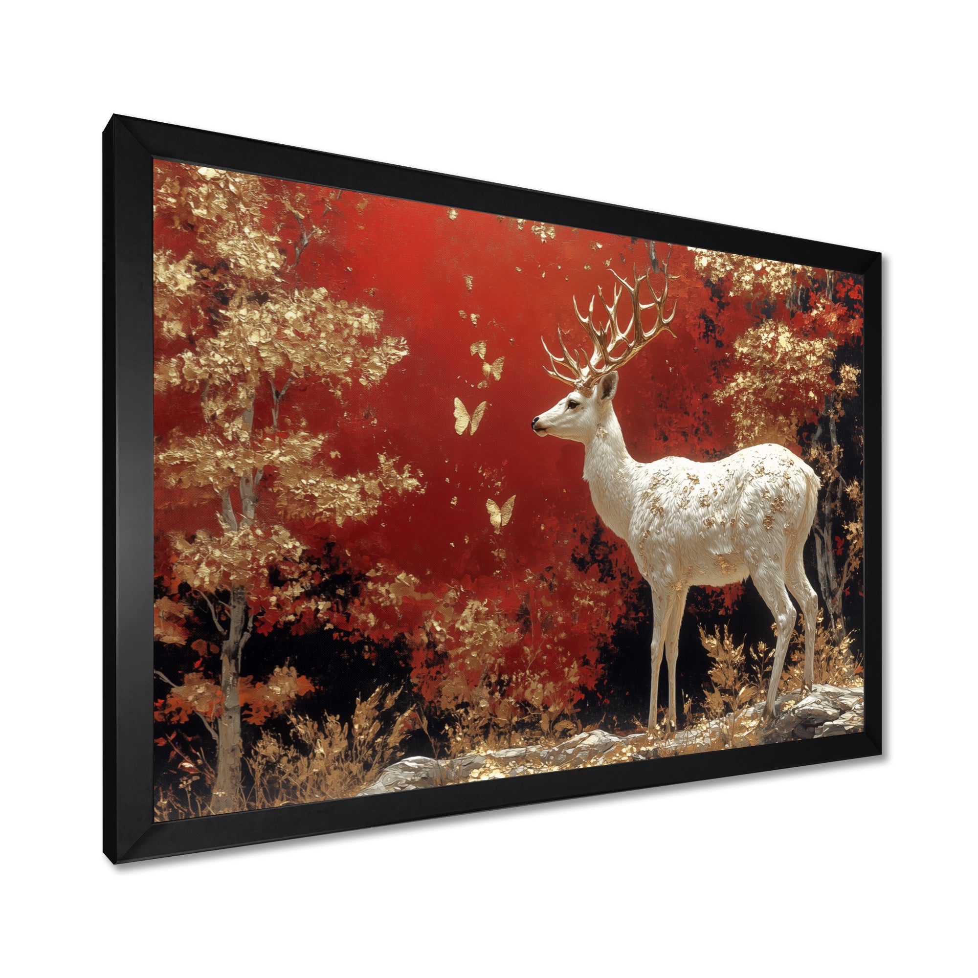 Gold And Red Scandinavian Deer Landscape - Deer Canvas Wall Art