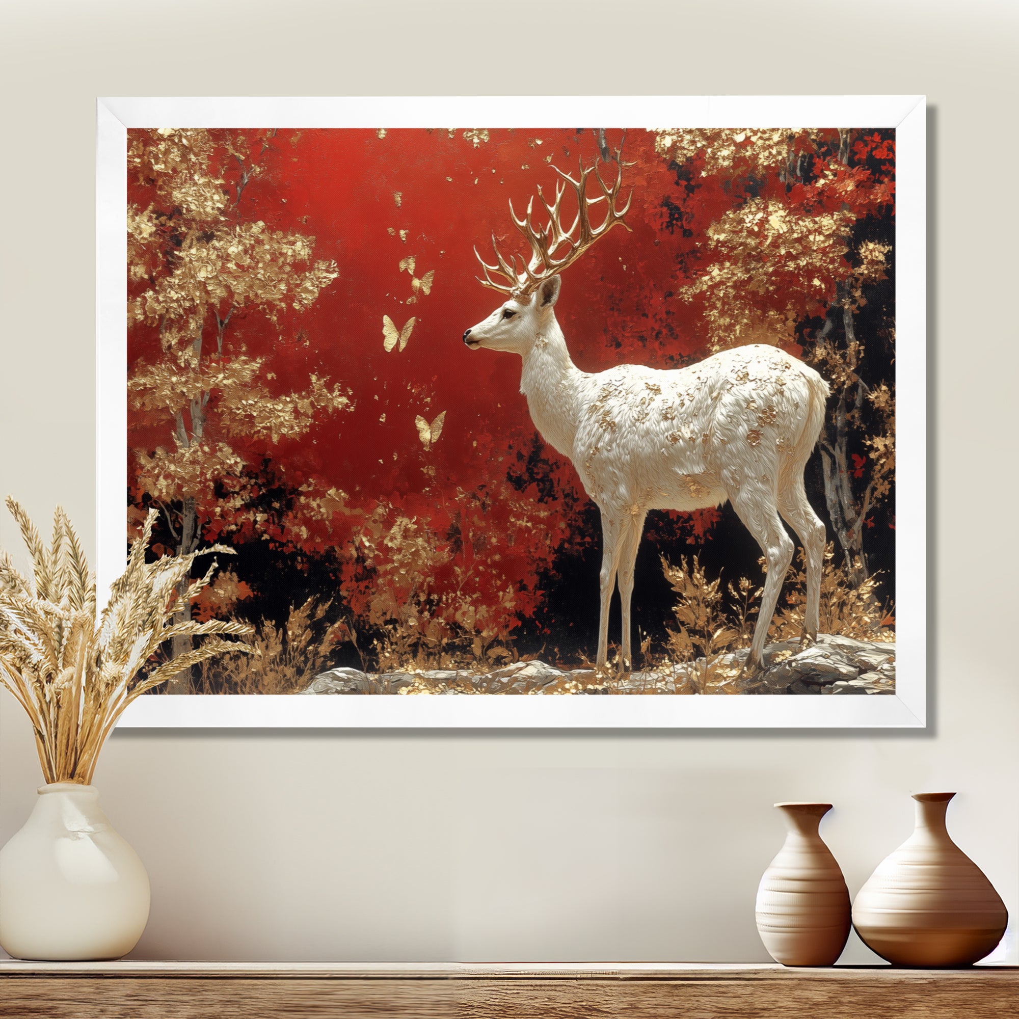 Gold And Red Scandinavian Deer Landscape - Deer Canvas Wall Art