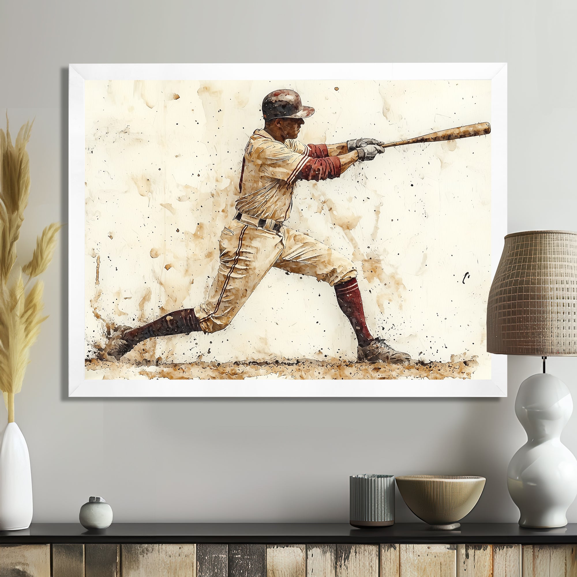 White Red Baseball Player Hitting A Home Run I - Sport Baseball Canvas Wall Art